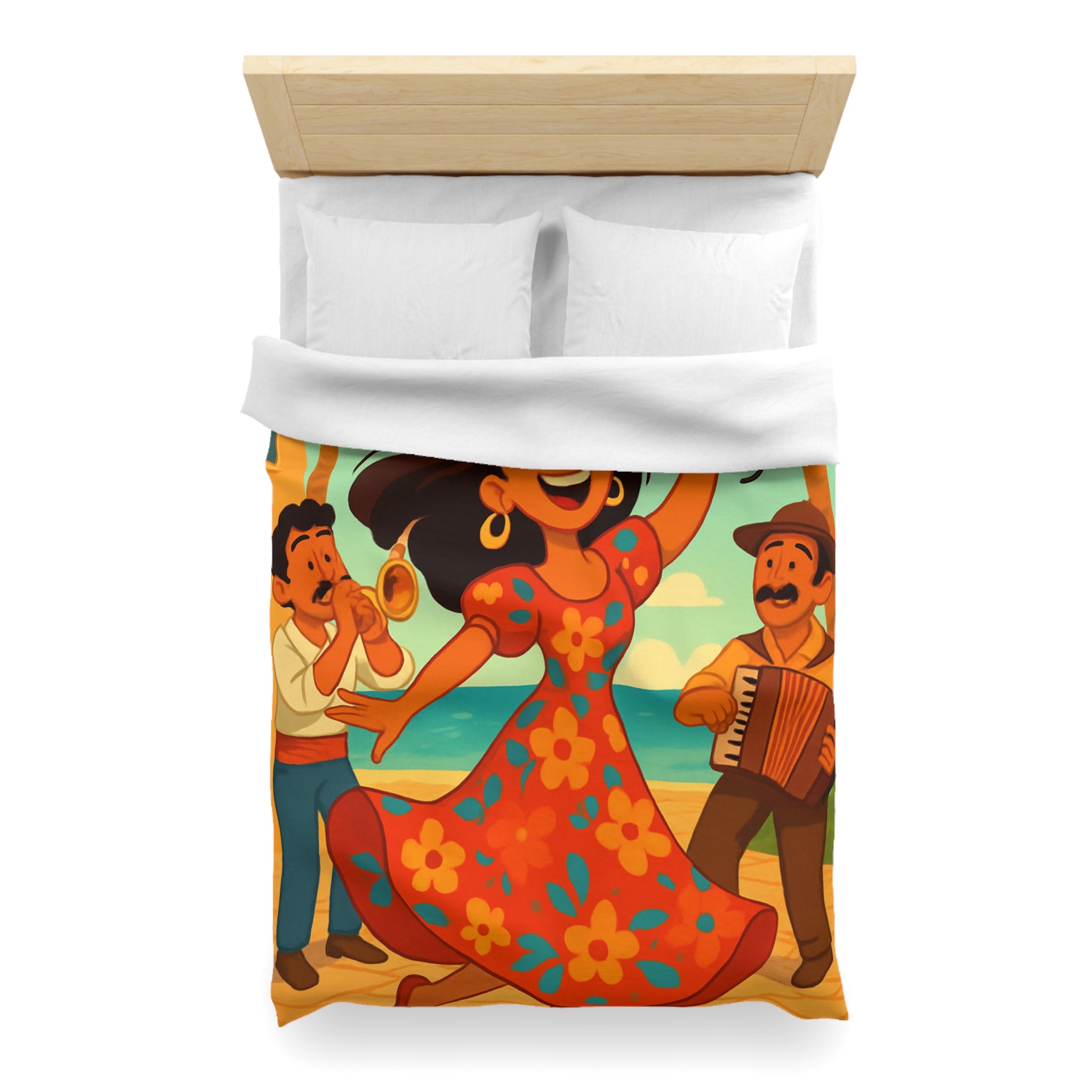 Housse de couette tropicale colorée avec danseuse et musiciens, ambiance joyeuse et festive