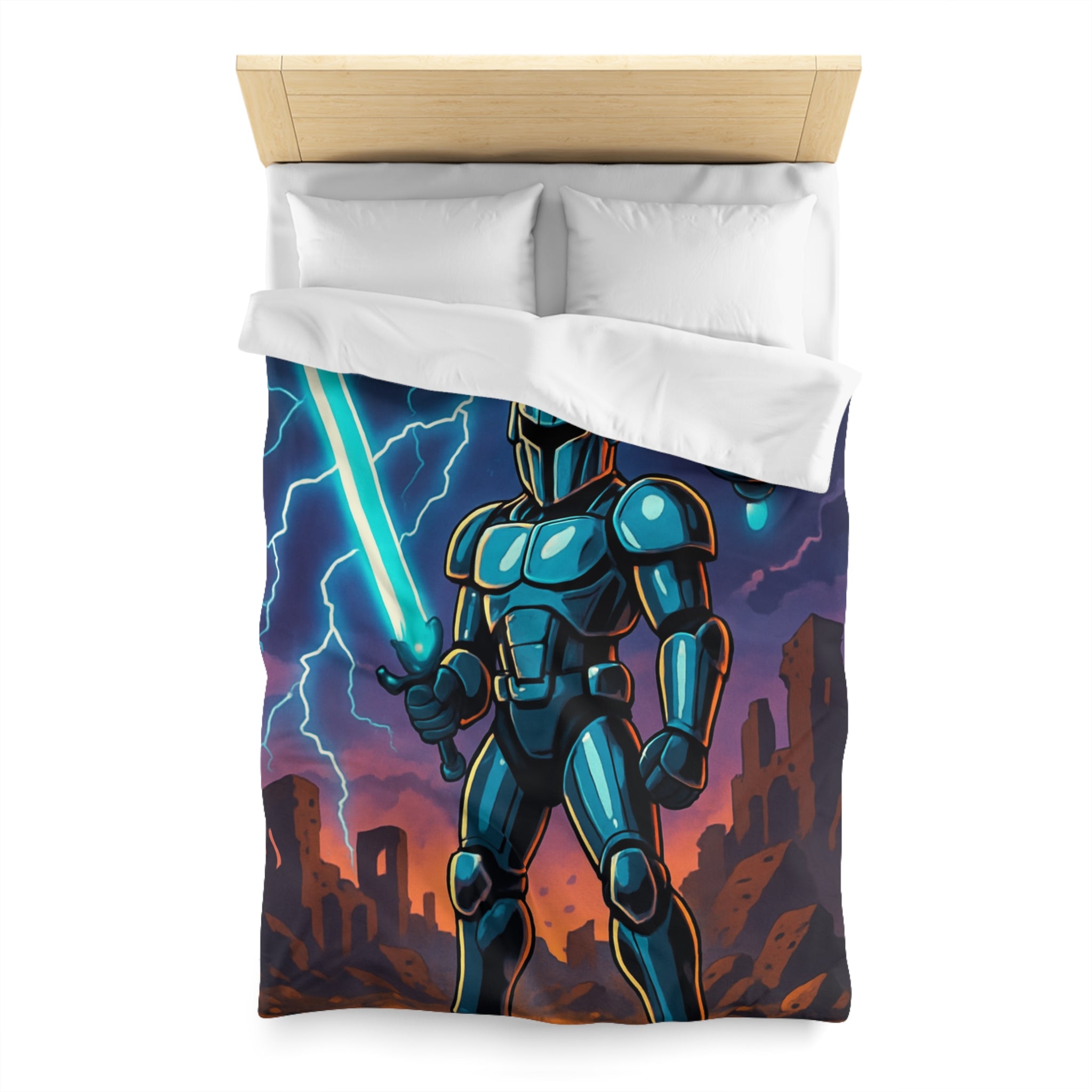Housse de Couette Sci-Fi avec Guerrier en Armure et Paysage Apocalyptique