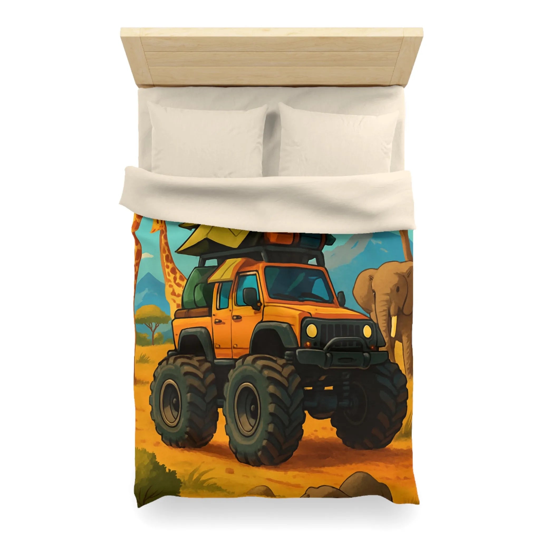 Housse de couette colorée avec véhicule tout-terrain et animaux dans la savane africaine