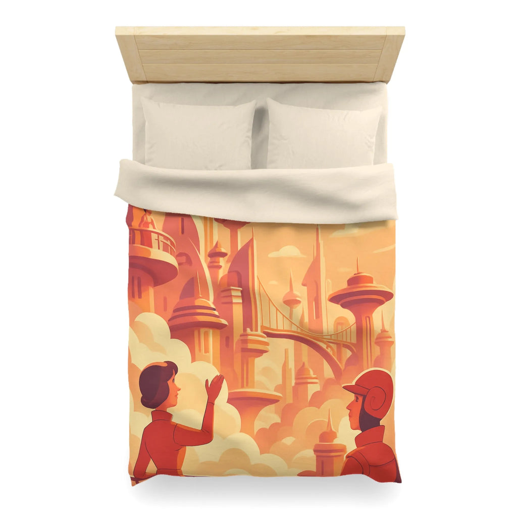 Housse de Couette Art Déco Futuriste avec Avion dans Ciel Orange et Ville Flottante