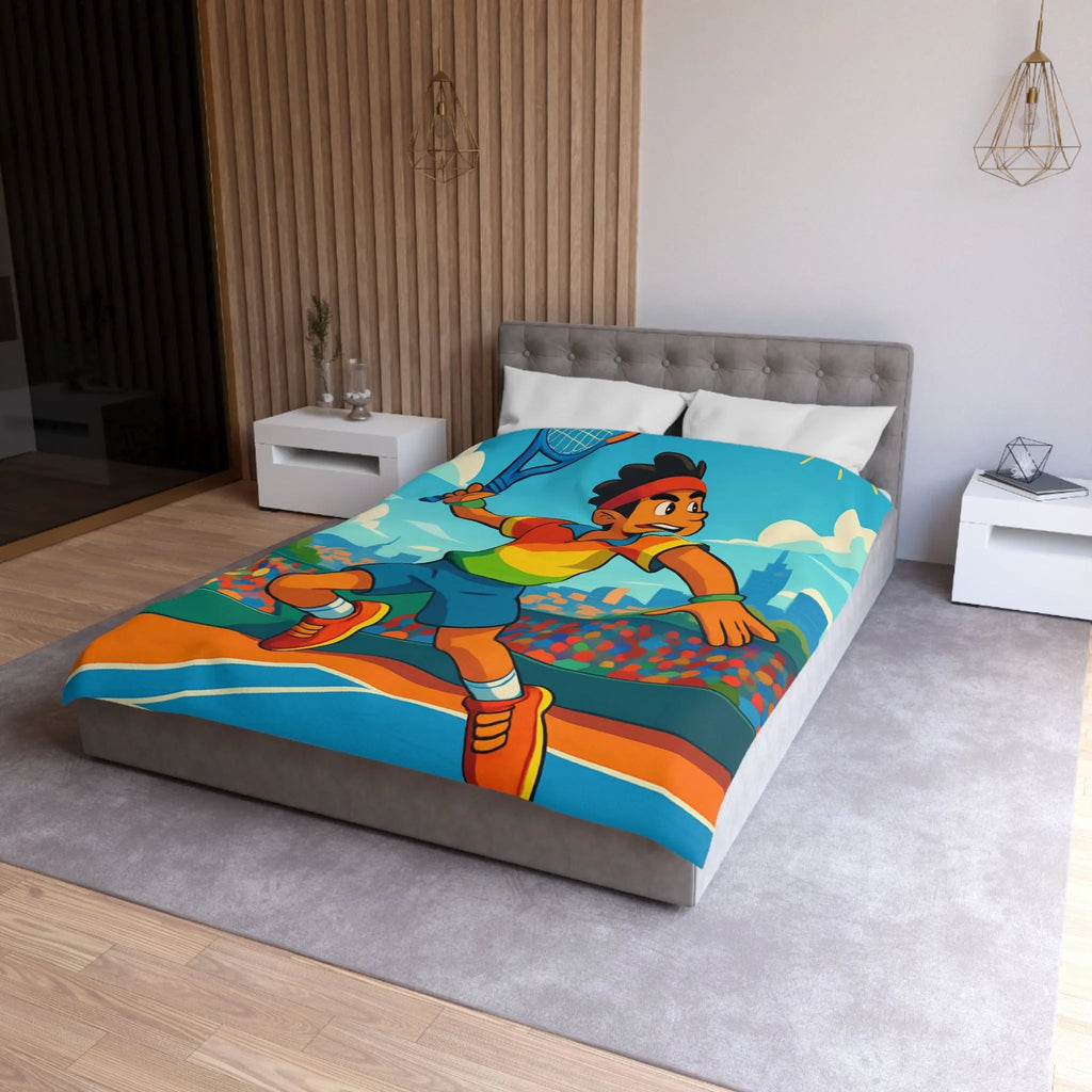 Housse de couette colorée avec joueur de tennis sautant en plein match estival