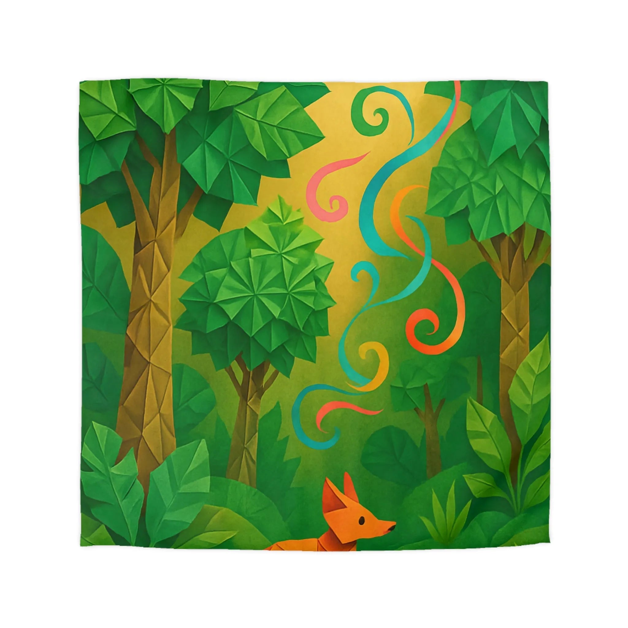 Housse de couette design forêt avec renard orange et motifs tourbillonnants colorés