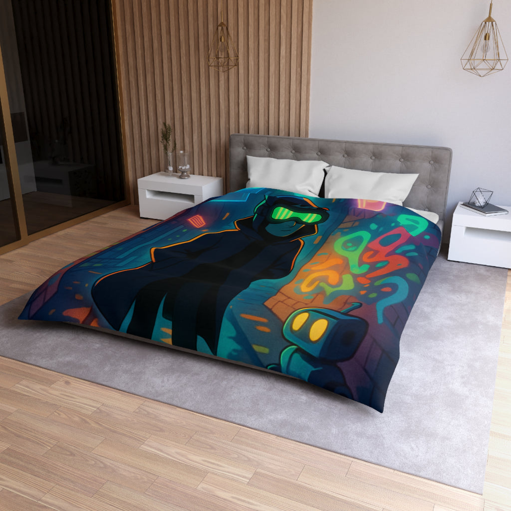 Housse de couette néon, ruelle urbaine cyberpunk avec technologie futuriste et graffitis colorés