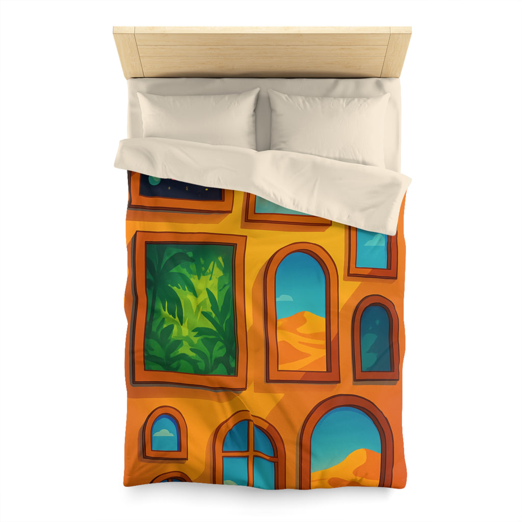 Housse de couette vibrante avec fenêtres sur l'univers et paysages exotiques