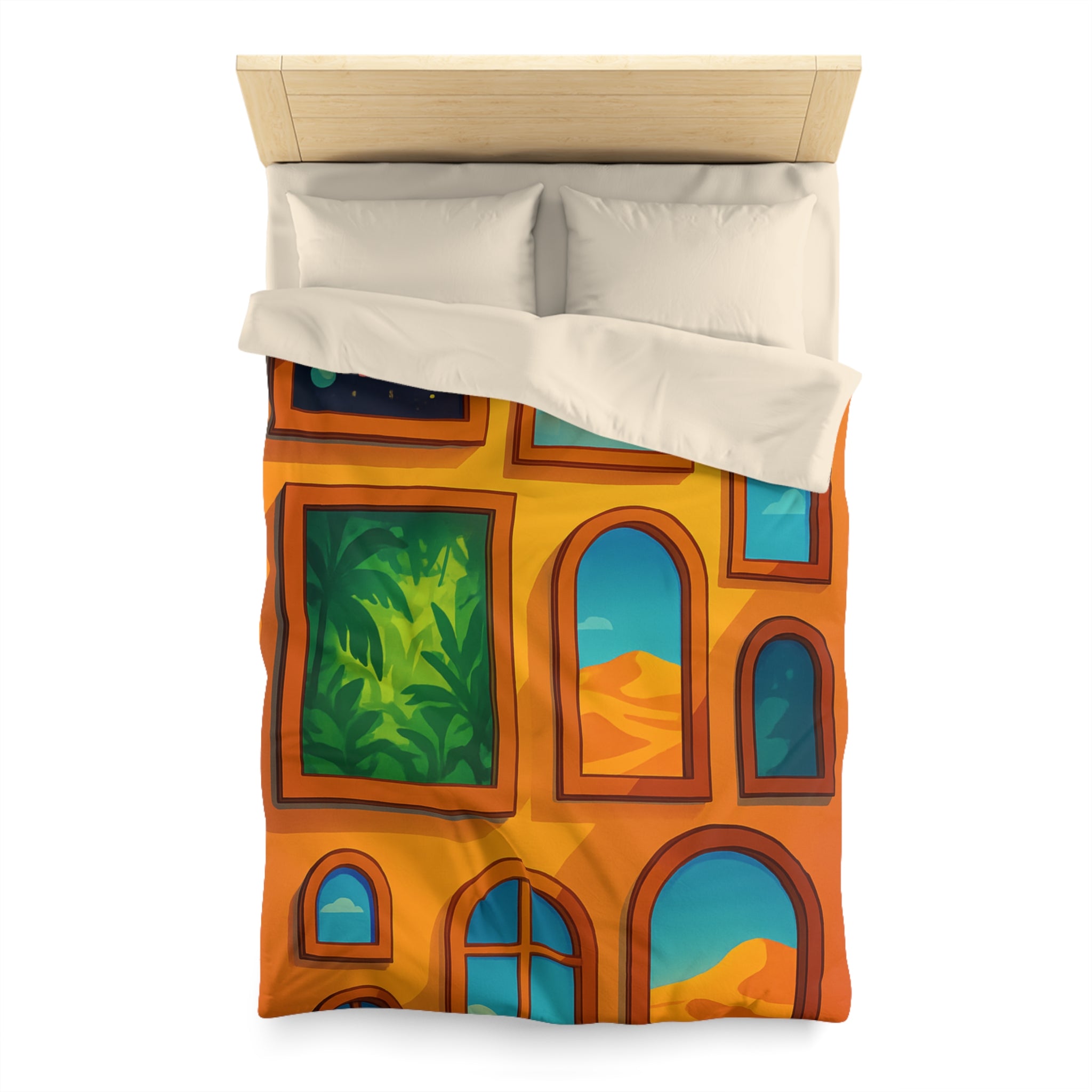 Housse de couette vibrante avec fenêtres sur l'univers et paysages exotiques