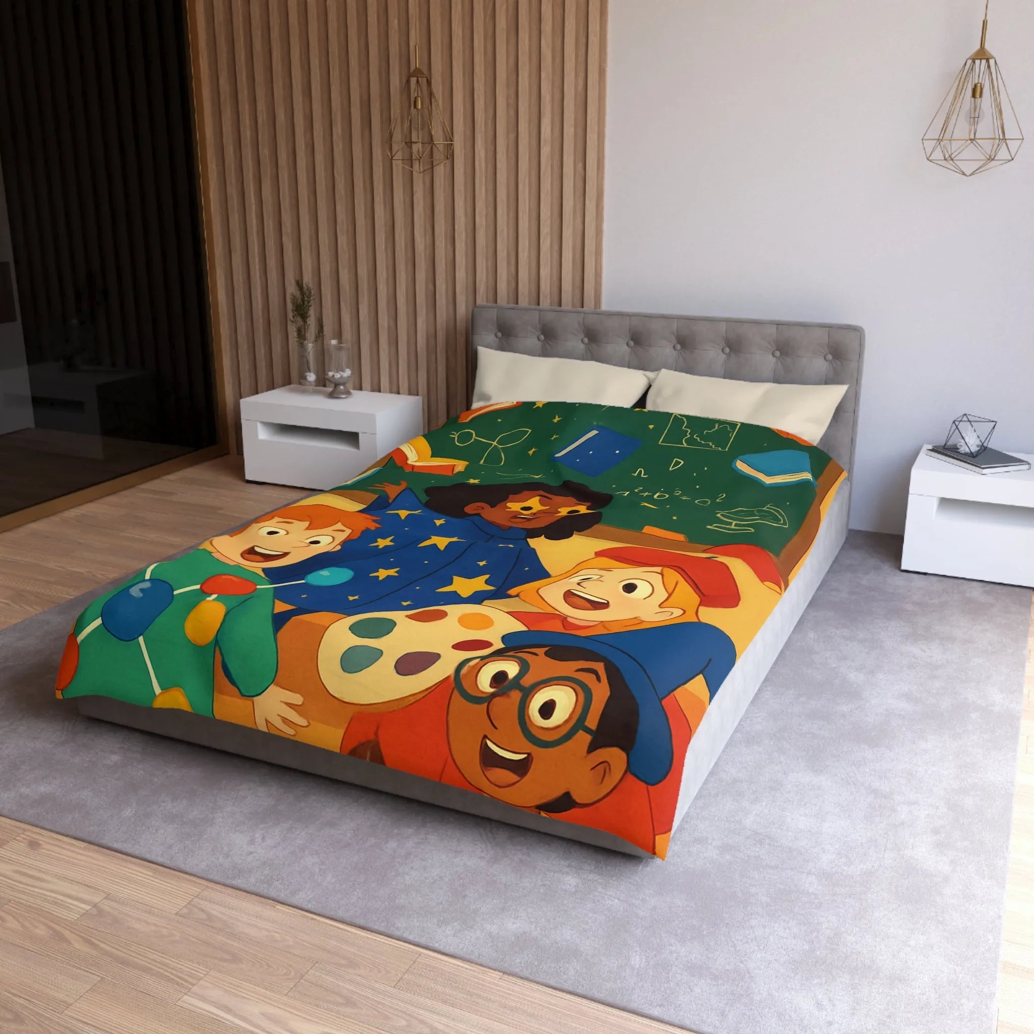 Housse de couette éducative colorée avec enfants et univers de l'apprentissage joyeux