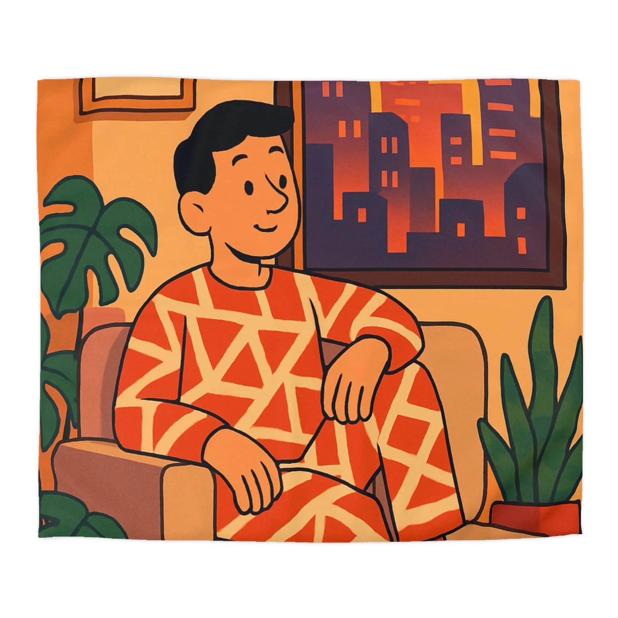 Housse de couette aux motifs géométriques avec scène de coucher de soleil en ville