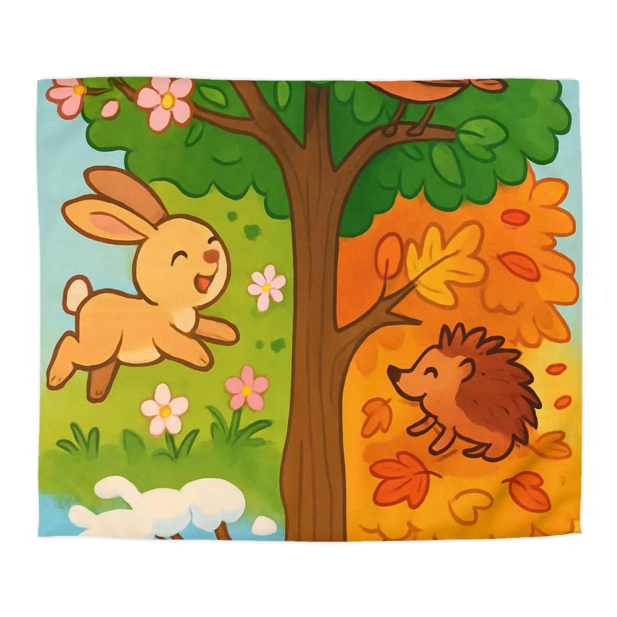 Housse de couette imprimée animaux des quatre saisons avec arbre coloré, nature joyeuse