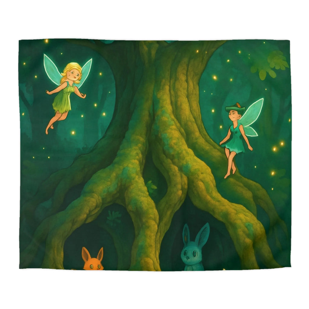 Housse de couette féerique avec animaux et fées sous un arbre illuminé