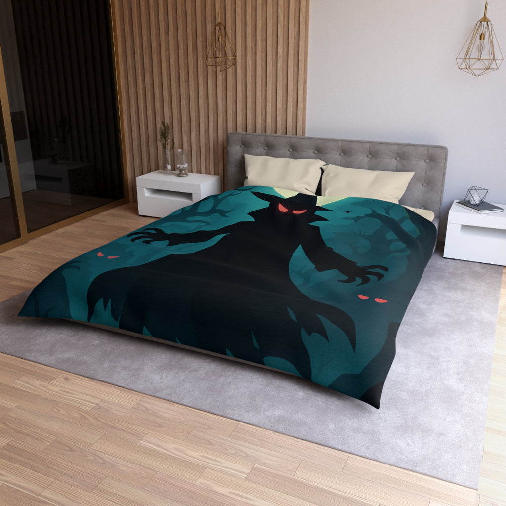 Housse de couette sorcier sombre dans forêt avec pleine lune et yeux rouges