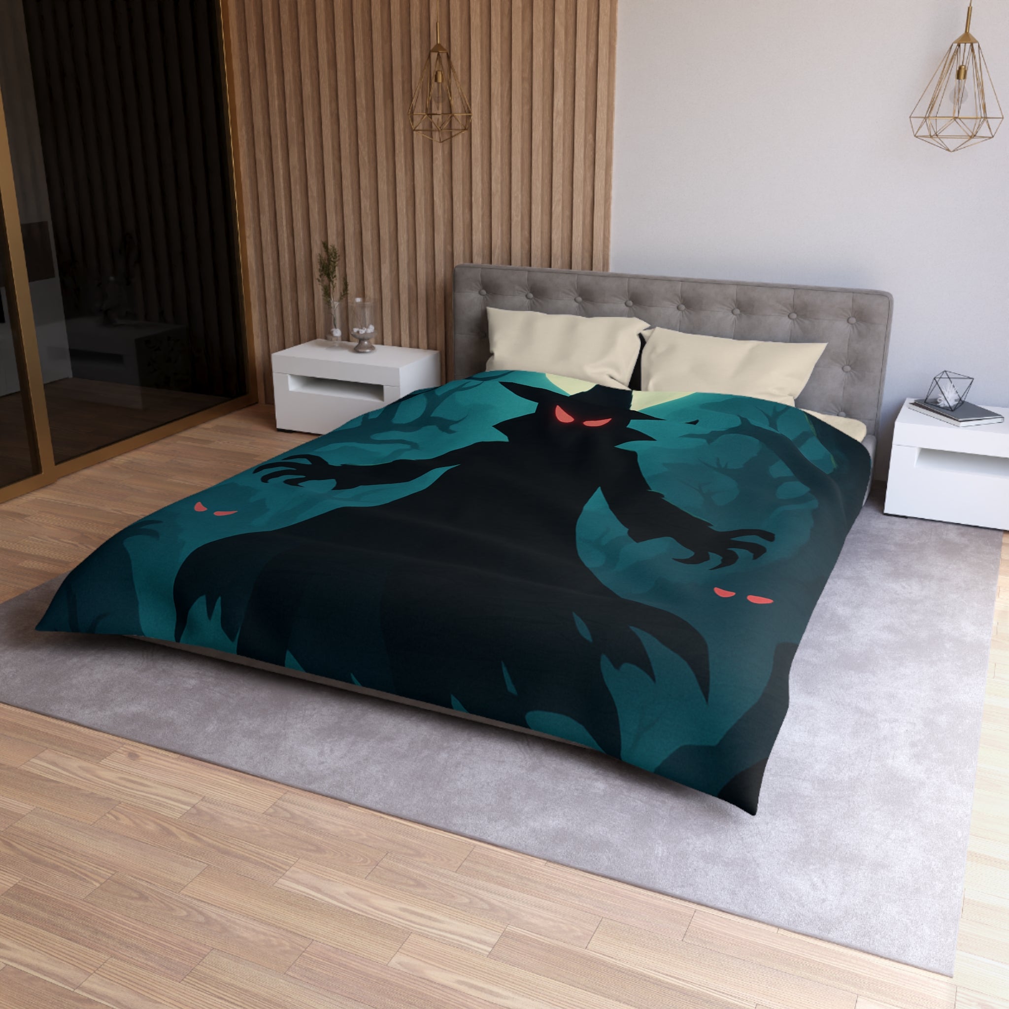 Housse de couette sorcier sombre dans forêt avec pleine lune et yeux rouges
