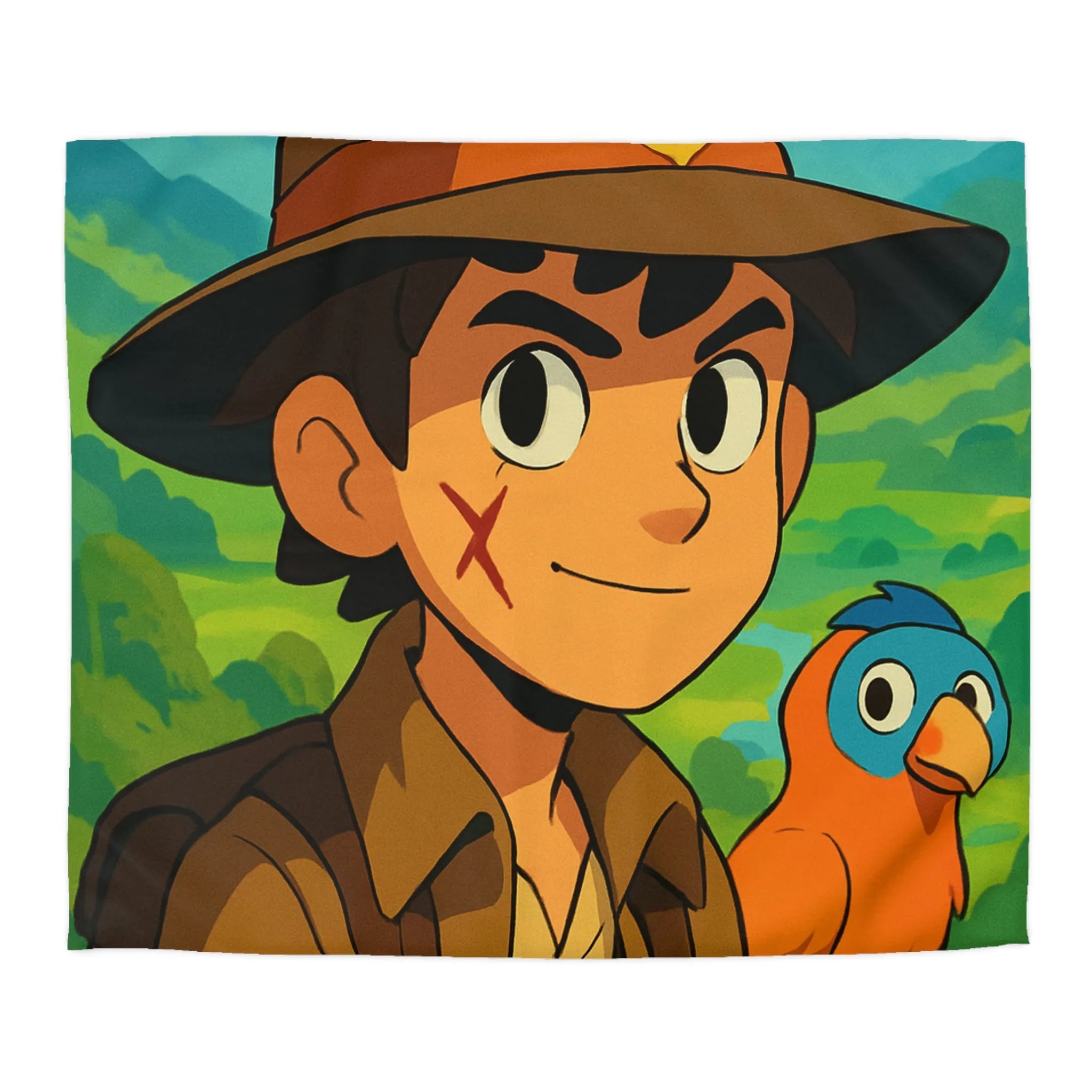 Housse de Couette Enfant Aventure Jungle avec Explorateur et Perroquet Coloré