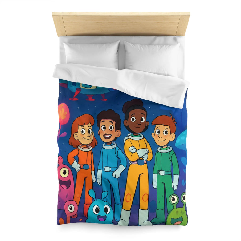 Housse de couette enfant astronaute avec planète, fusée et créatures extraterrestres colorées