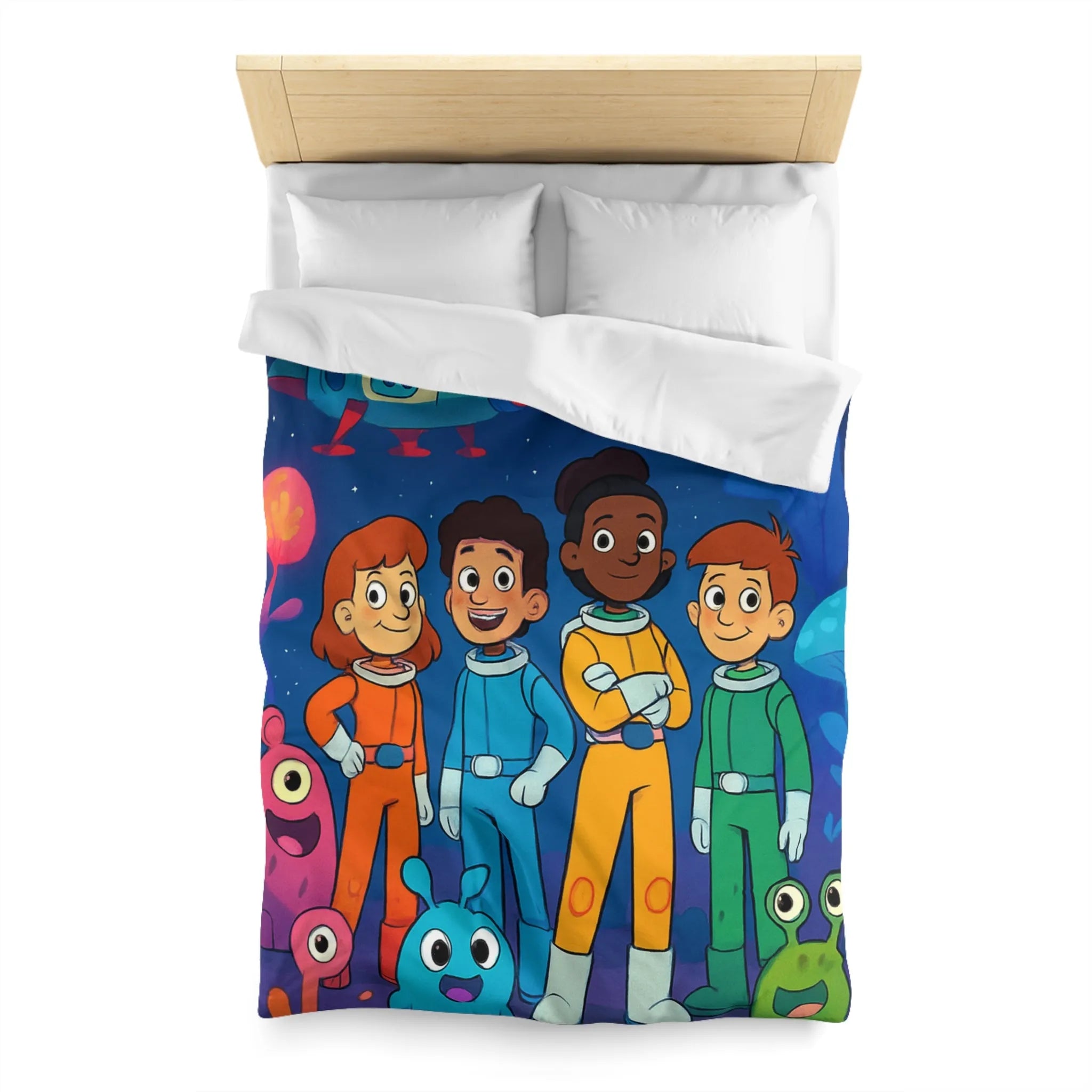 Housse de couette enfant astronaute avec planète, fusée et créatures extraterrestres colorées