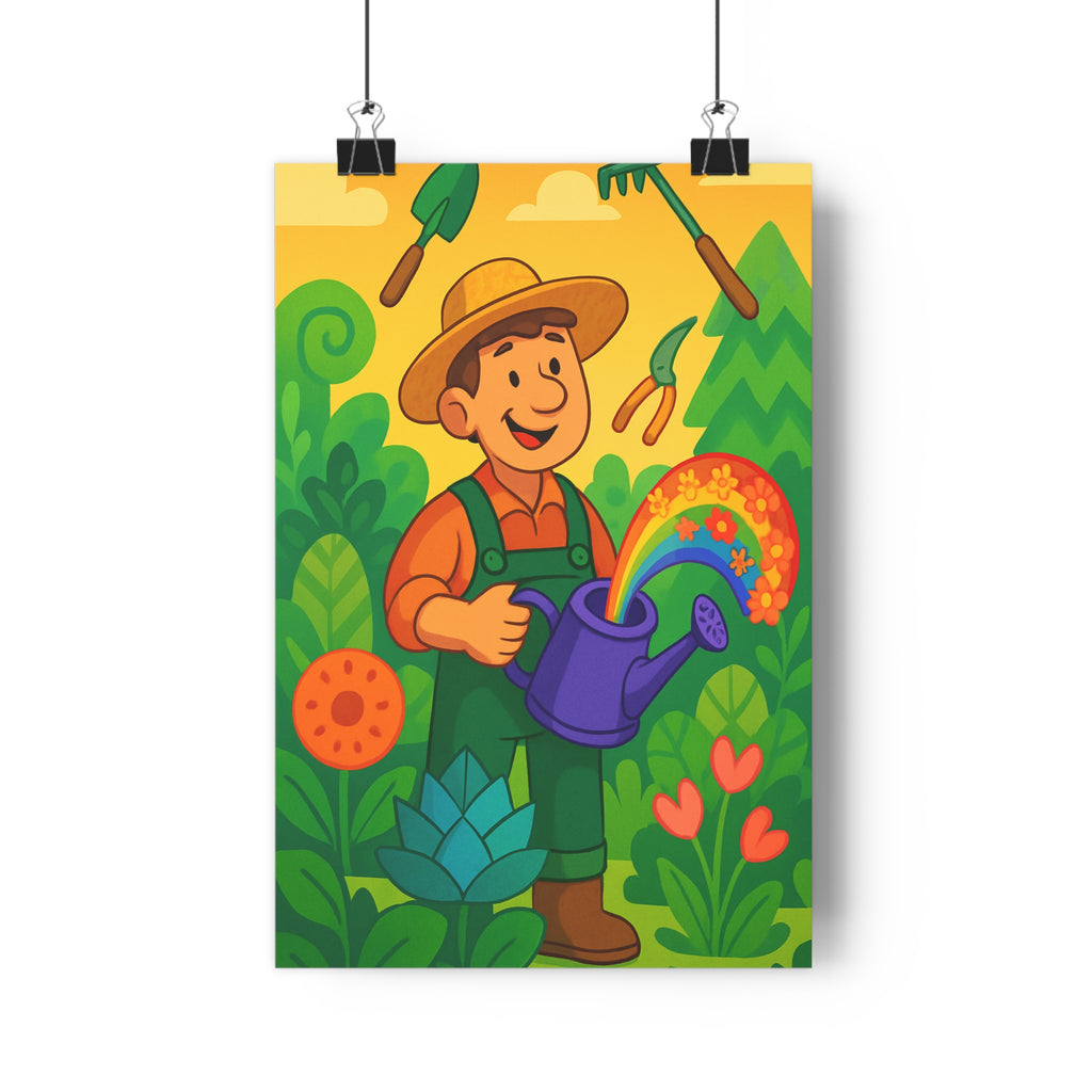 Poster décoratif coloré jardinier enchanté joyeux fantaisiste vert orange rose salon chambre gaieté qualité