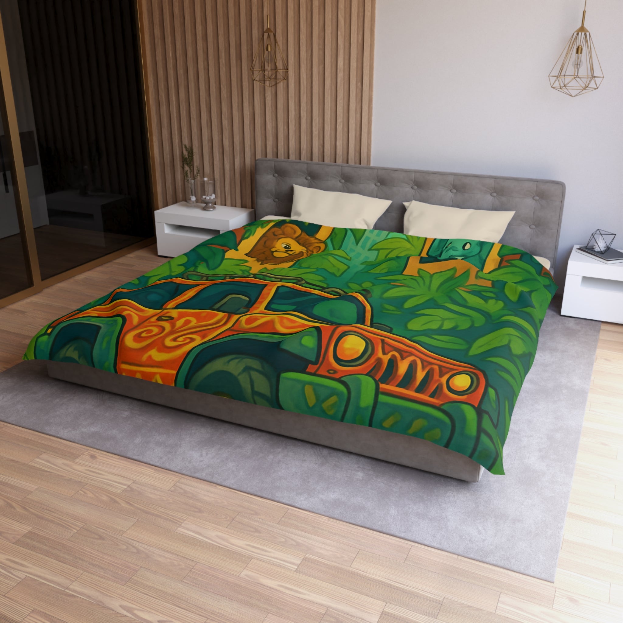 Housse de couette vibrante jungle aventure avec animaux et véhicule tout-terrain colorés