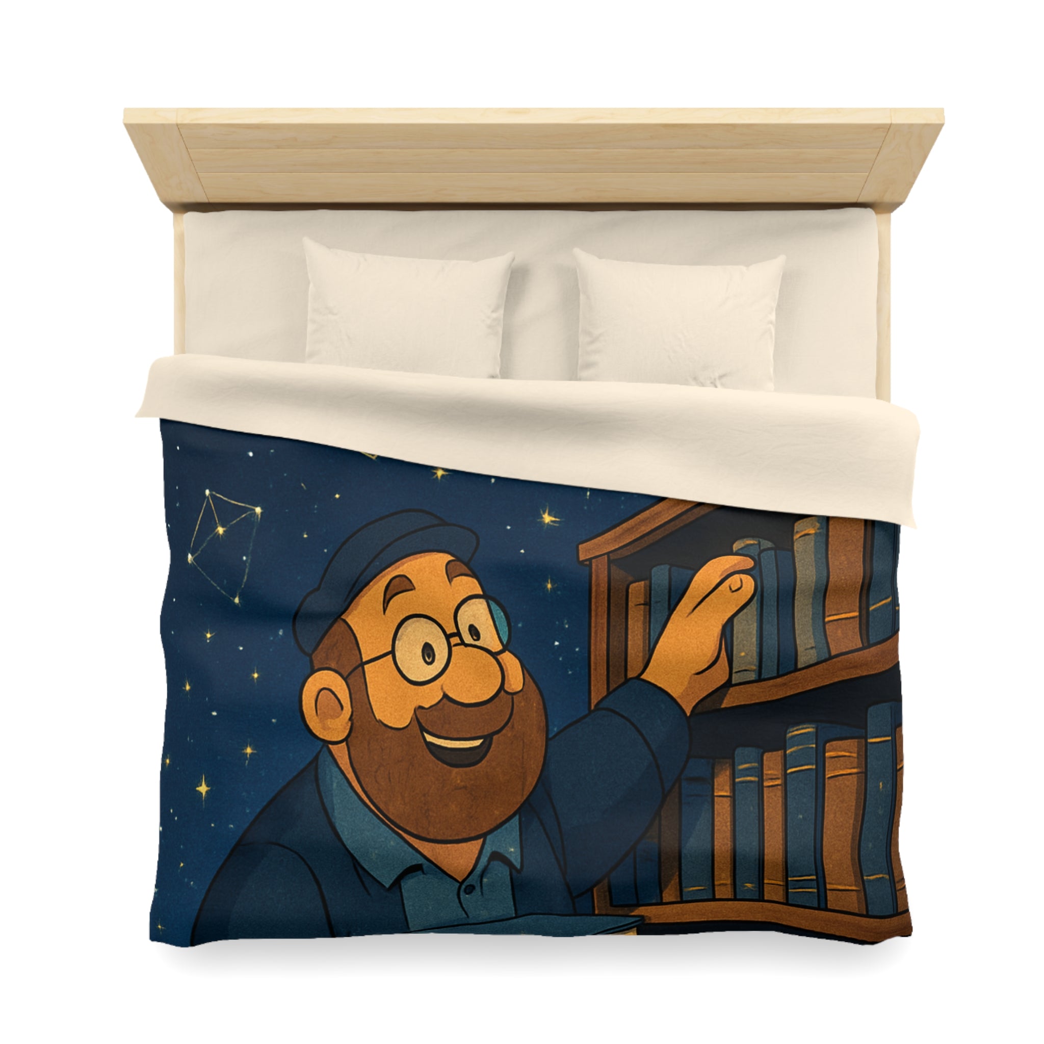 Housse de couette magique avec bibliothécaire sous ciel étoilé et livres animés