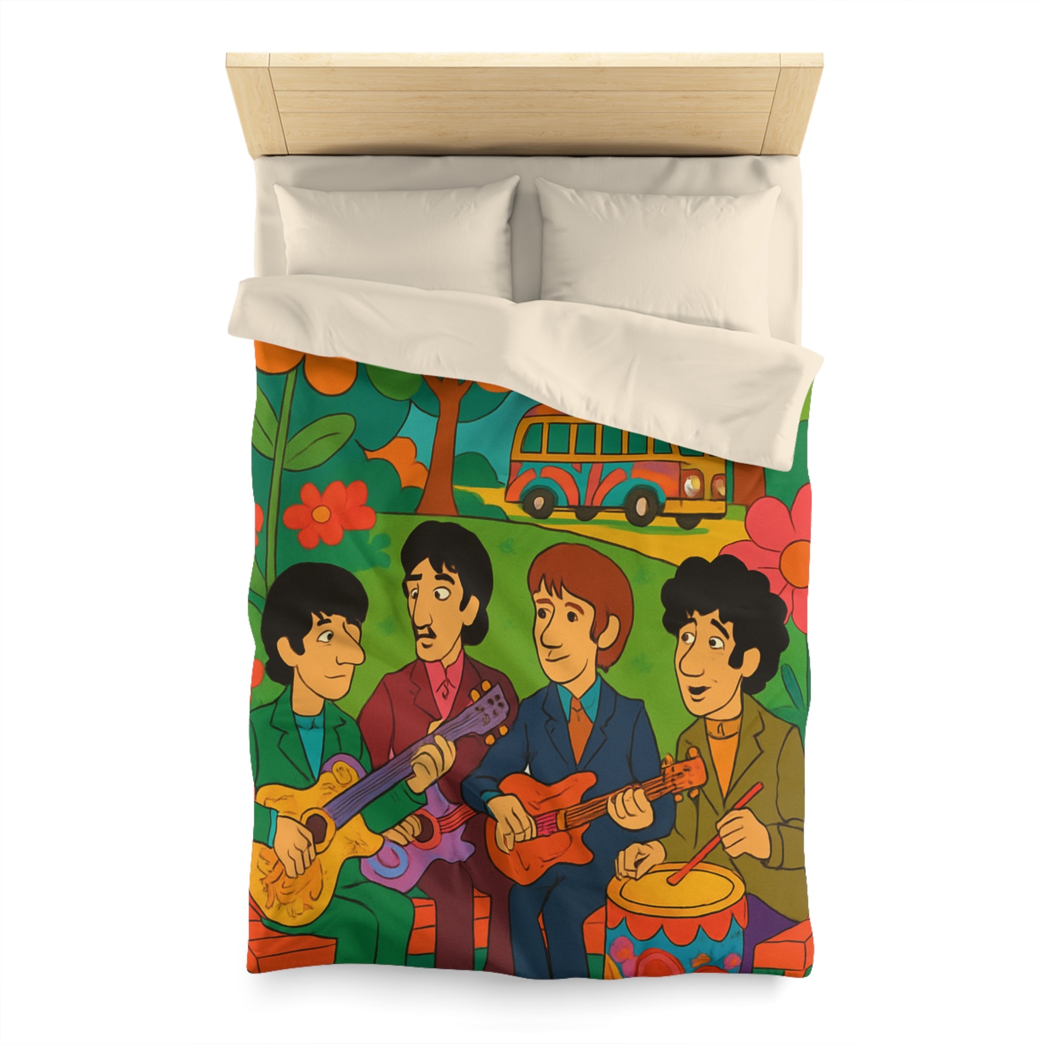 Housse de couette rétro colorée inspirée d'un groupe de musiciens animés en plein air