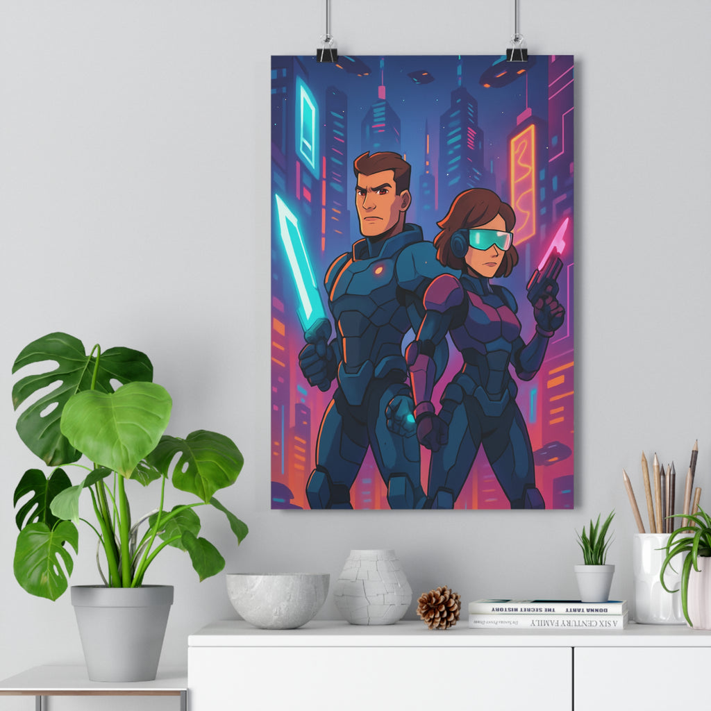 Poster décoratif cyberpunk futuriste néons guerriers aventure action épée laser ville style animé chambre