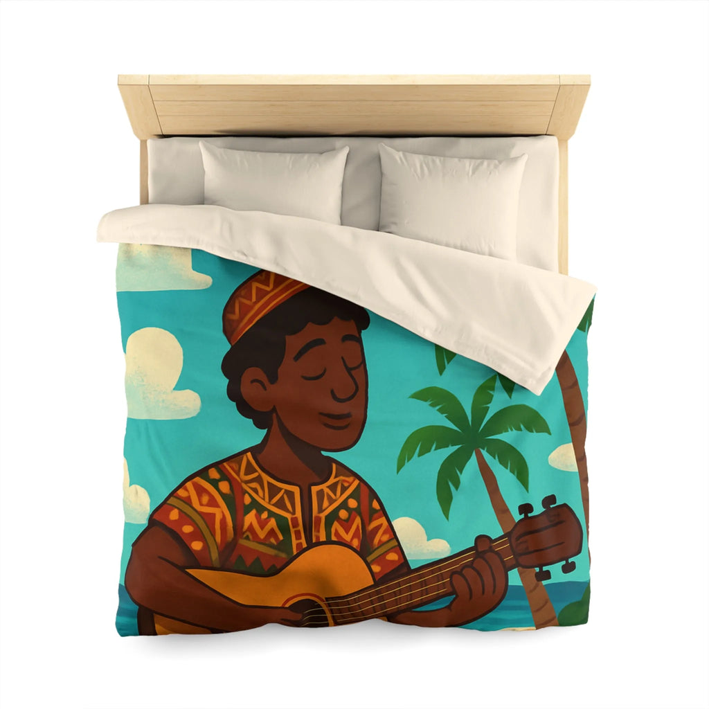 Housse de couette illustrée avec musicien joyeux sous les palmiers en bord de mer