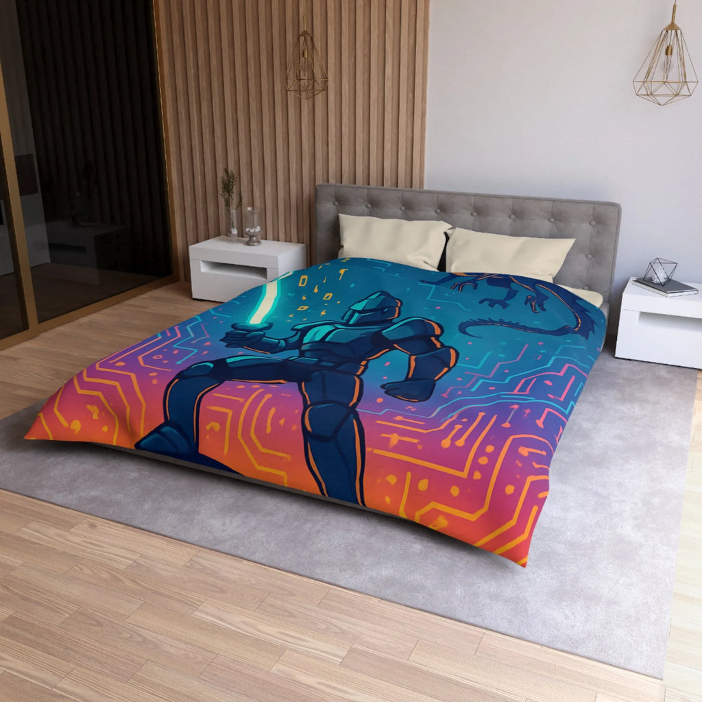 Housse de couette futuriste avec chevalier numérique et dragon volant coloré et épique