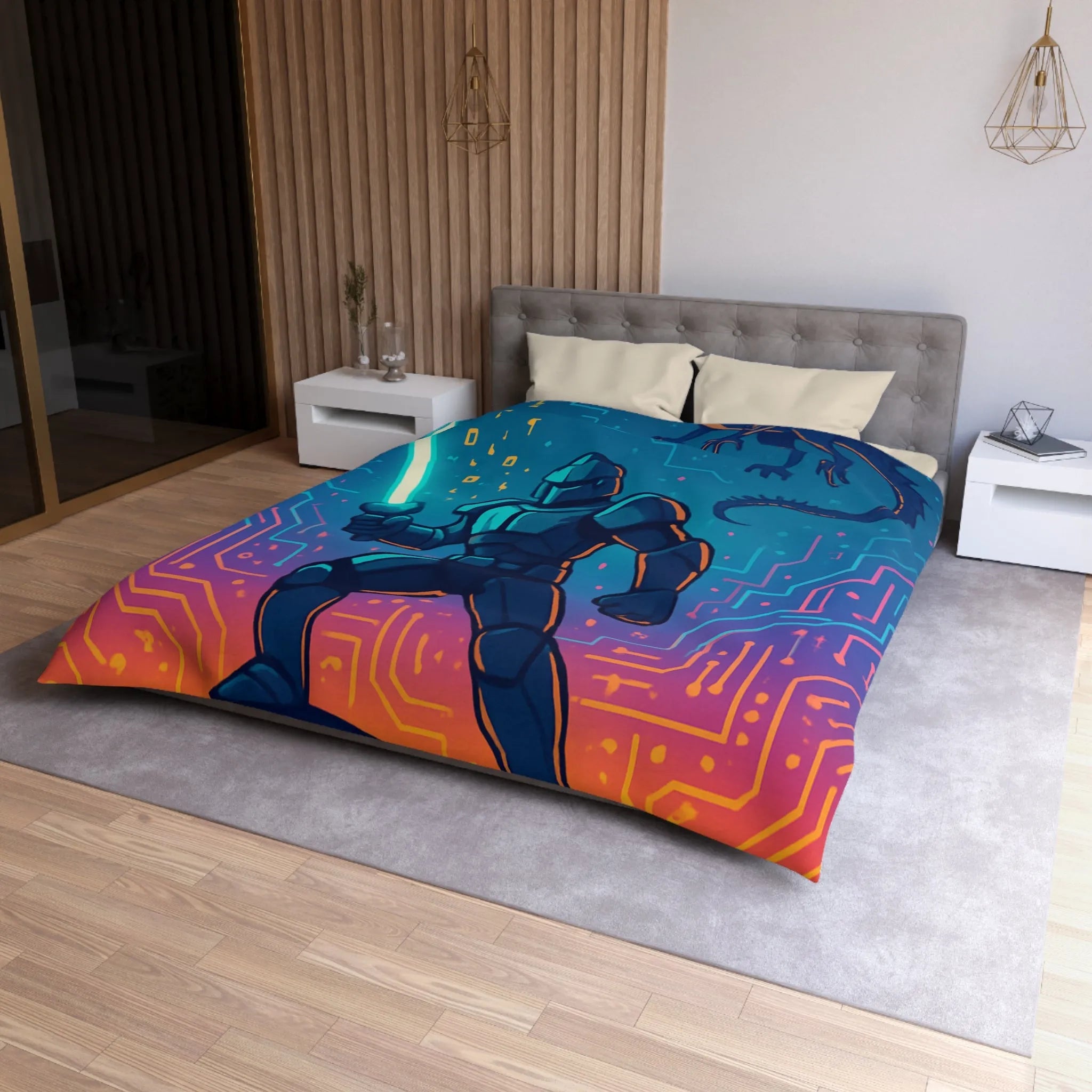 Housse de couette futuriste avec chevalier numérique et dragon volant coloré et épique