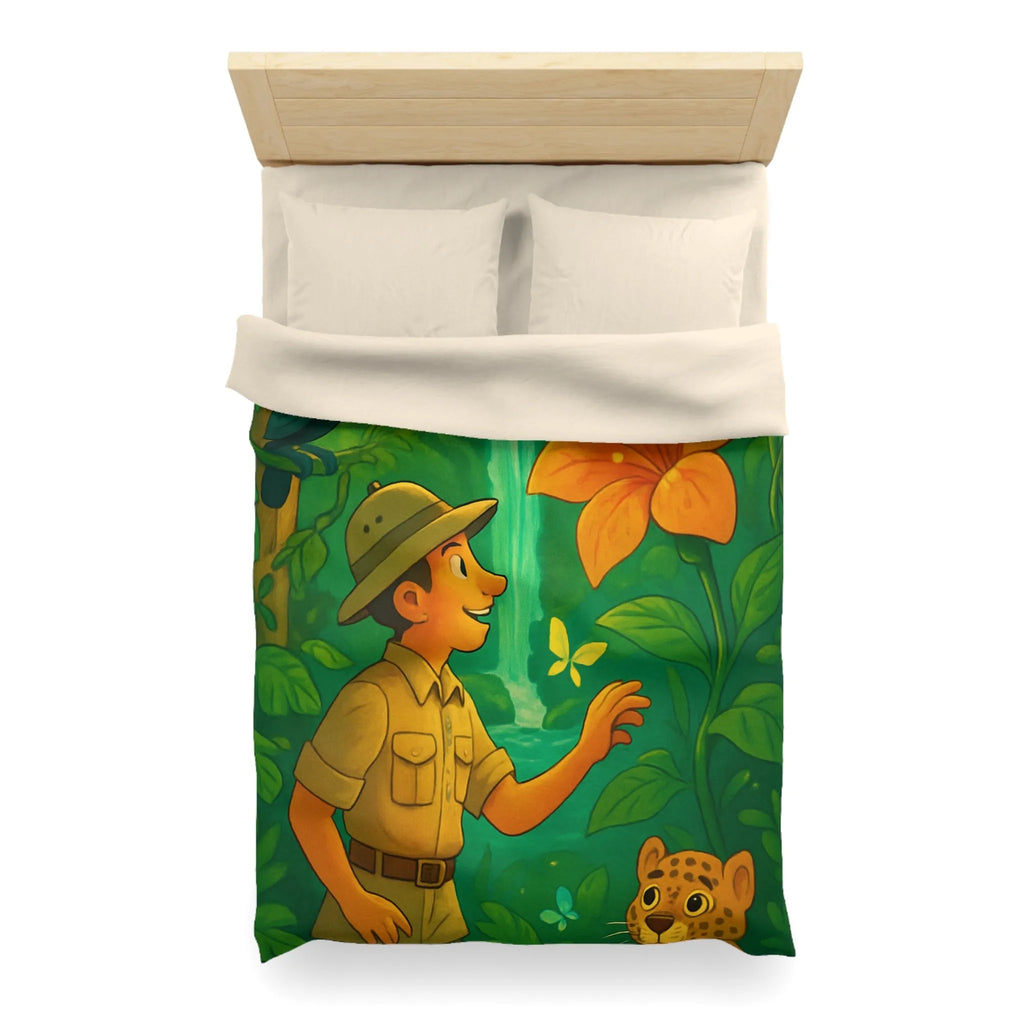 Housse de Couette Jungle Colorée avec Explorateur, Toucan, Léopard et Cascade Enchantée