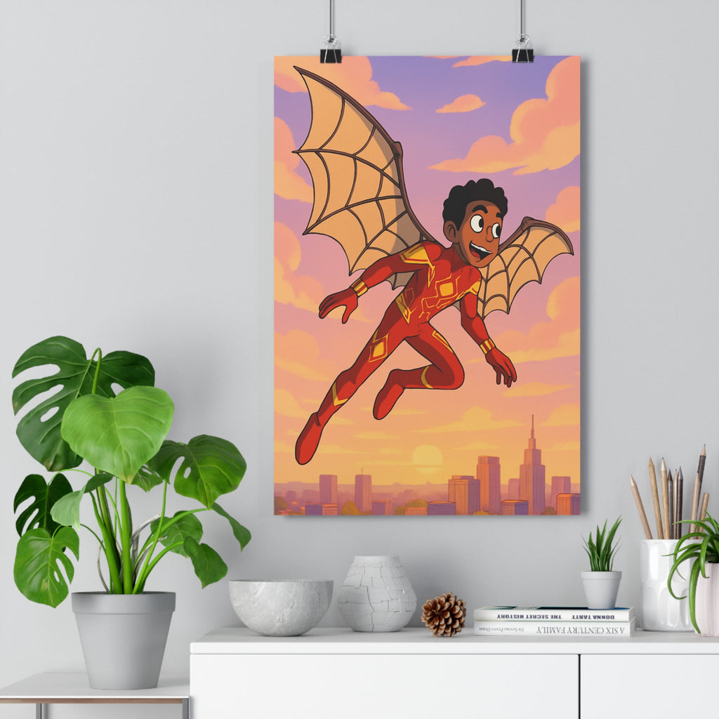 Poster décoratif superhéros rouge jaune moderne aventure ville enfant chambre coucher soleil violet qualité