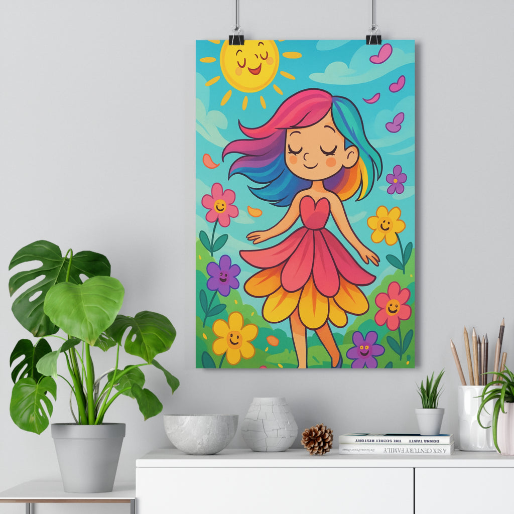 Poster décoratif jardin enchanté fillette arcenciel cartoon joyeux chambre enfant fleurs lumineuses pétale ambiance