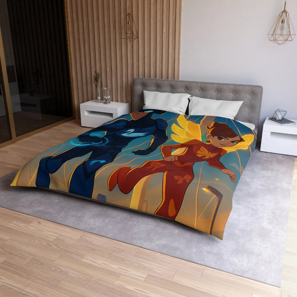 Housse de Couette Avec Héros Masqués et Ville au Crépuscule pour Chambre Enfant