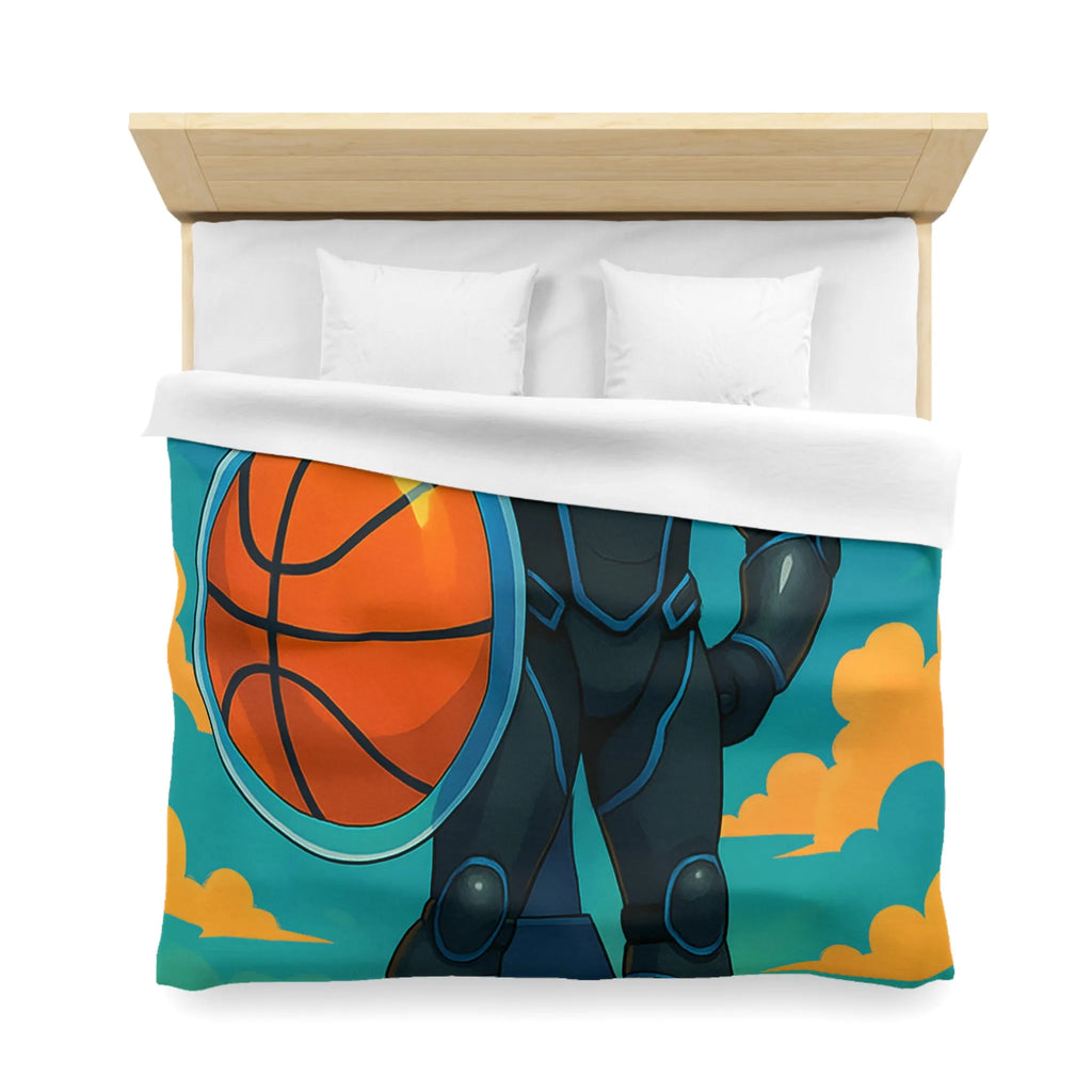 Housse de couette avec illustration d'un joueur de basket héroïque sous un ciel vibrant