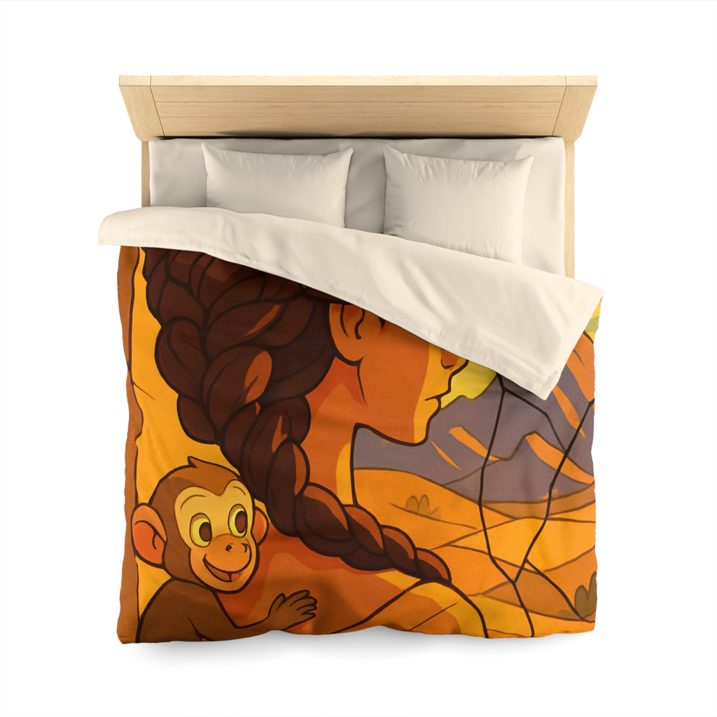 Housse de couette vibrante avec jeune femme et singe devant vitrail coloré