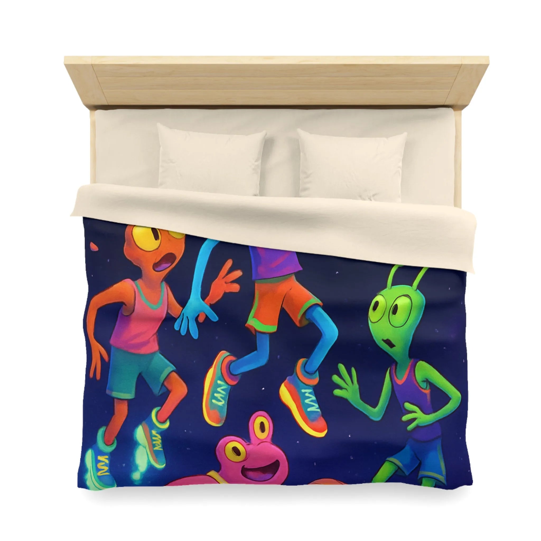 Housse de couette avec extraterrestres jouant au basket, ambiance lumineuse et amusante