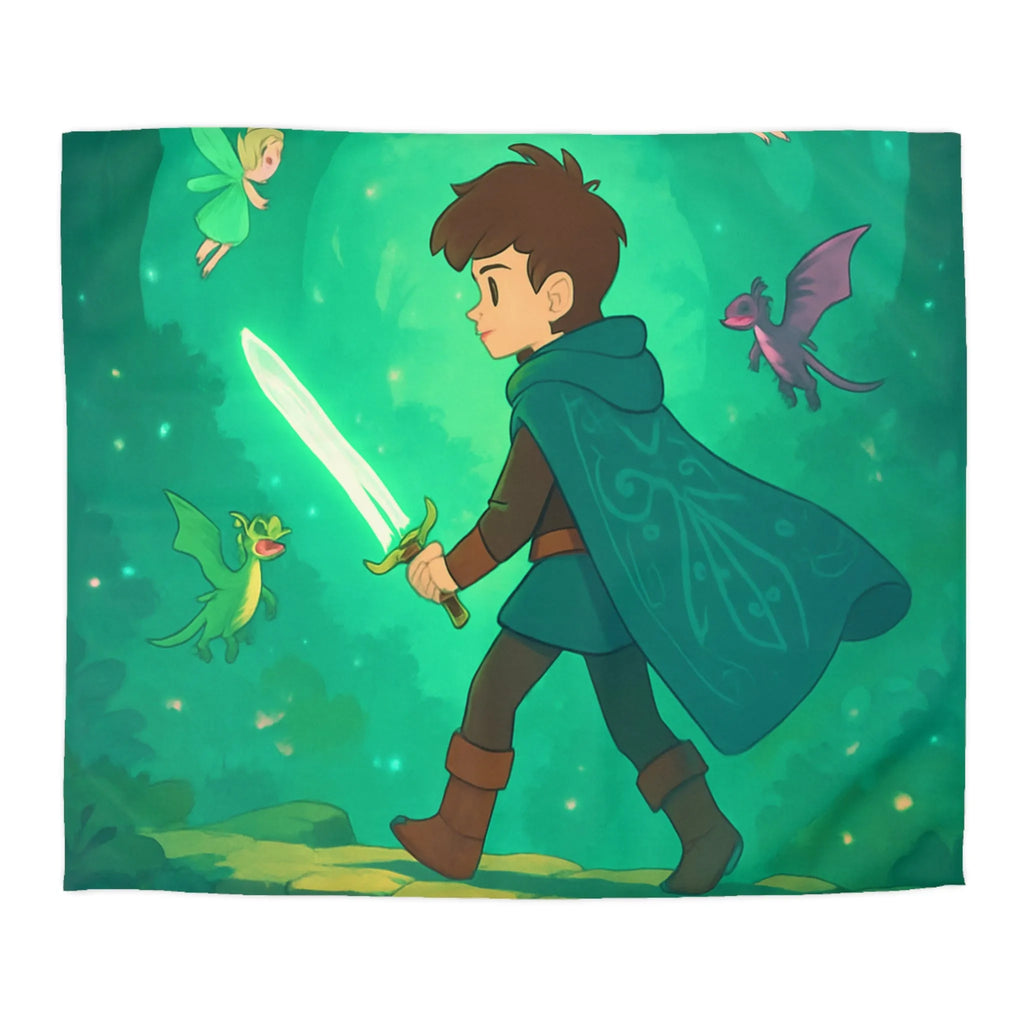 Housse de couette enfant magique avec épée lumineuse et créatures enchantées en forêt