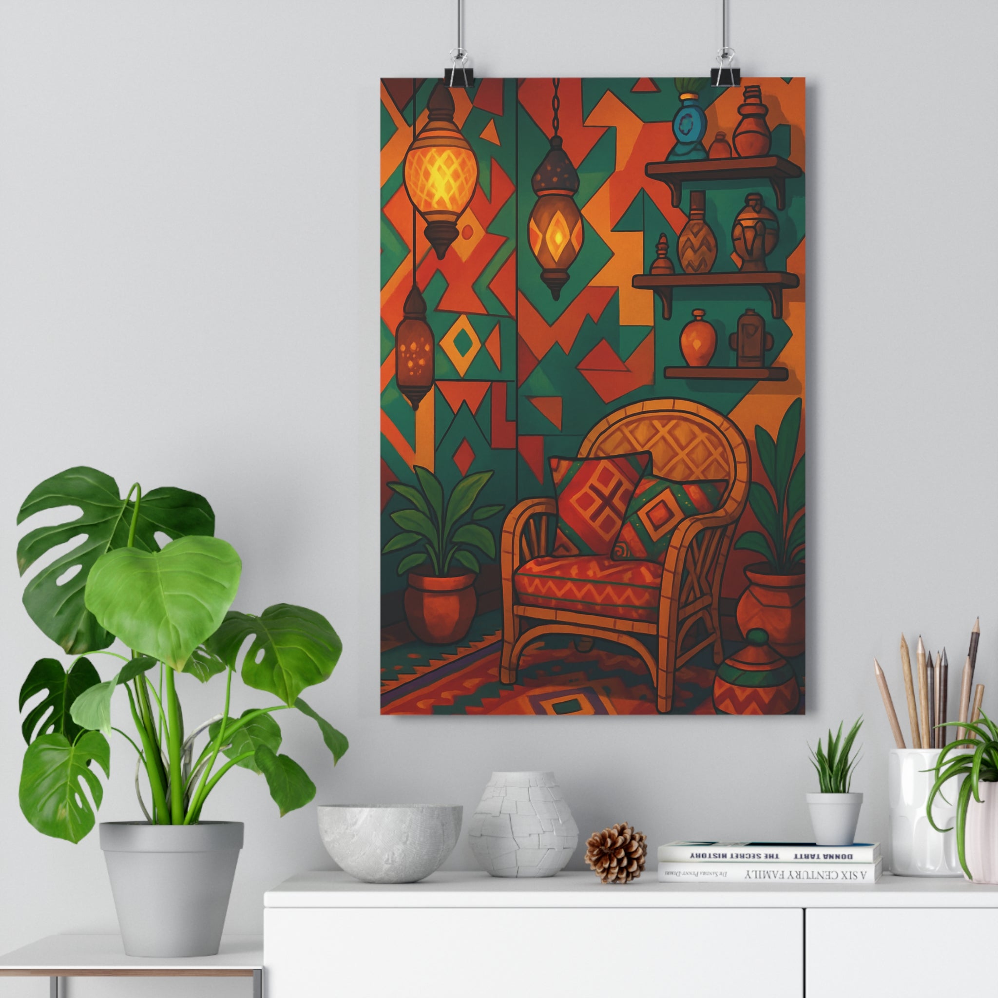 Poster décoratif bohème orange rouge turquoise salon chaleureux ambiance colorée fauteuil osier plantes motifs