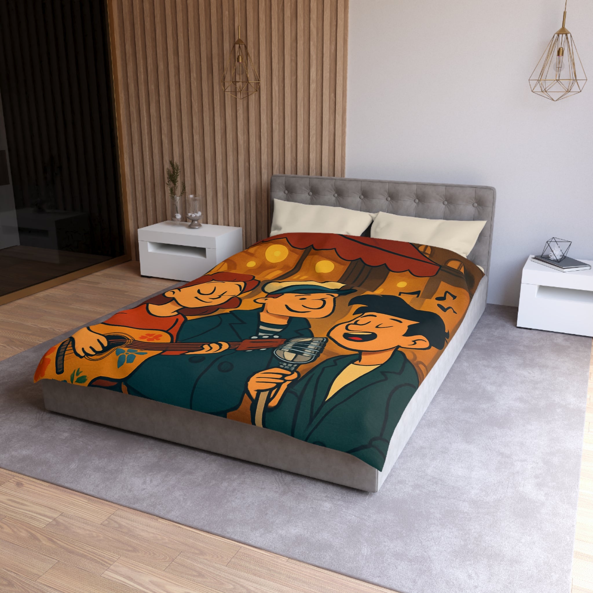 Housse de Couette Vintage avec Scène de Musique de Rue Nocturne et Personnages Colorés