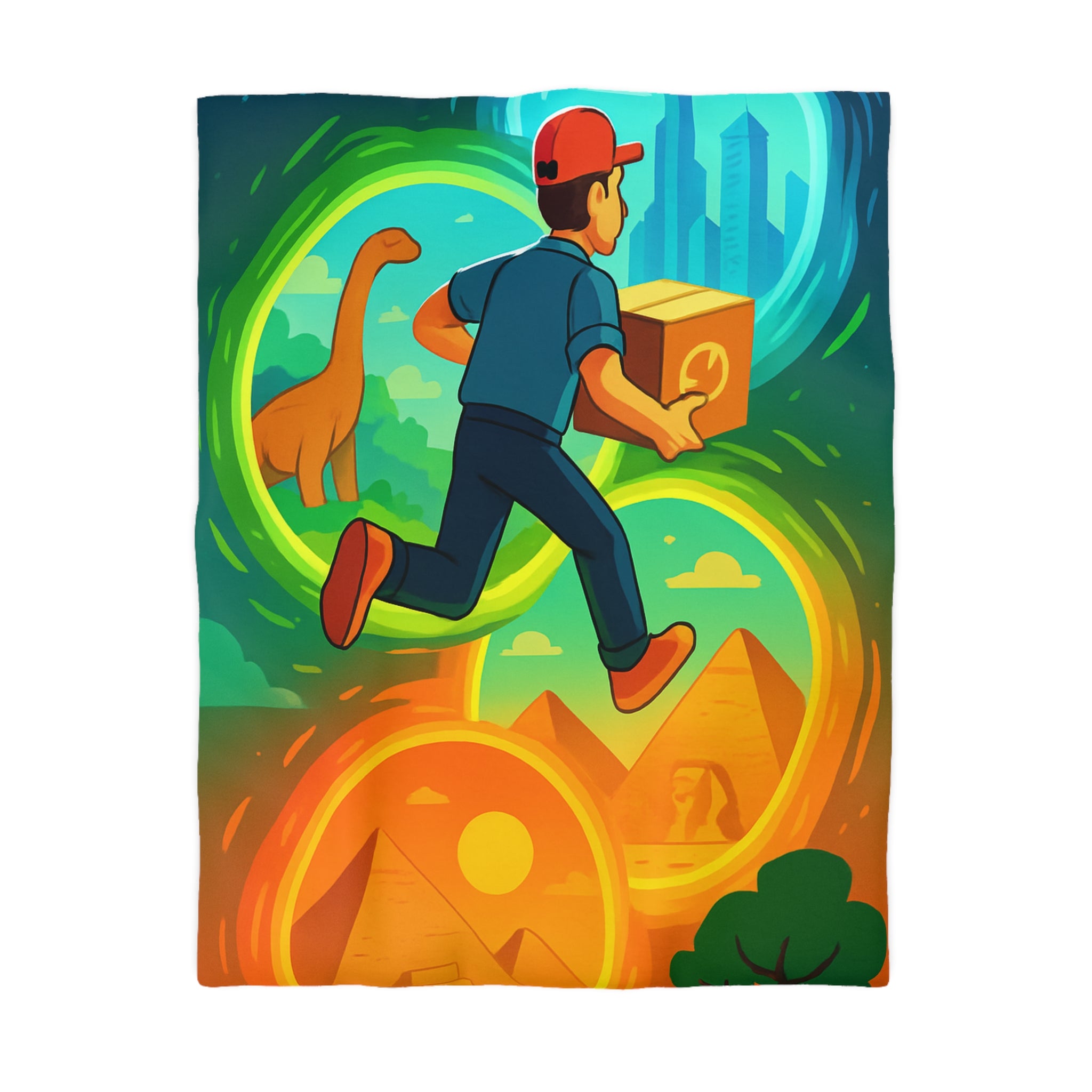 Voyage à travers les âges : Monde jurassique, pyramides, et ville moderne illustrés