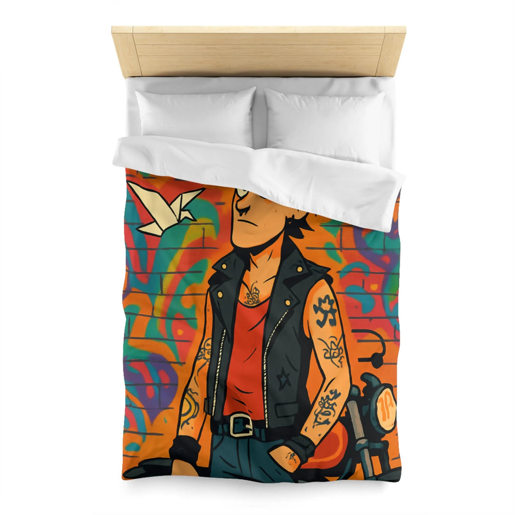Housse de couette avec imprimé punk, moto et graffitis, ambiance urbaine colorée