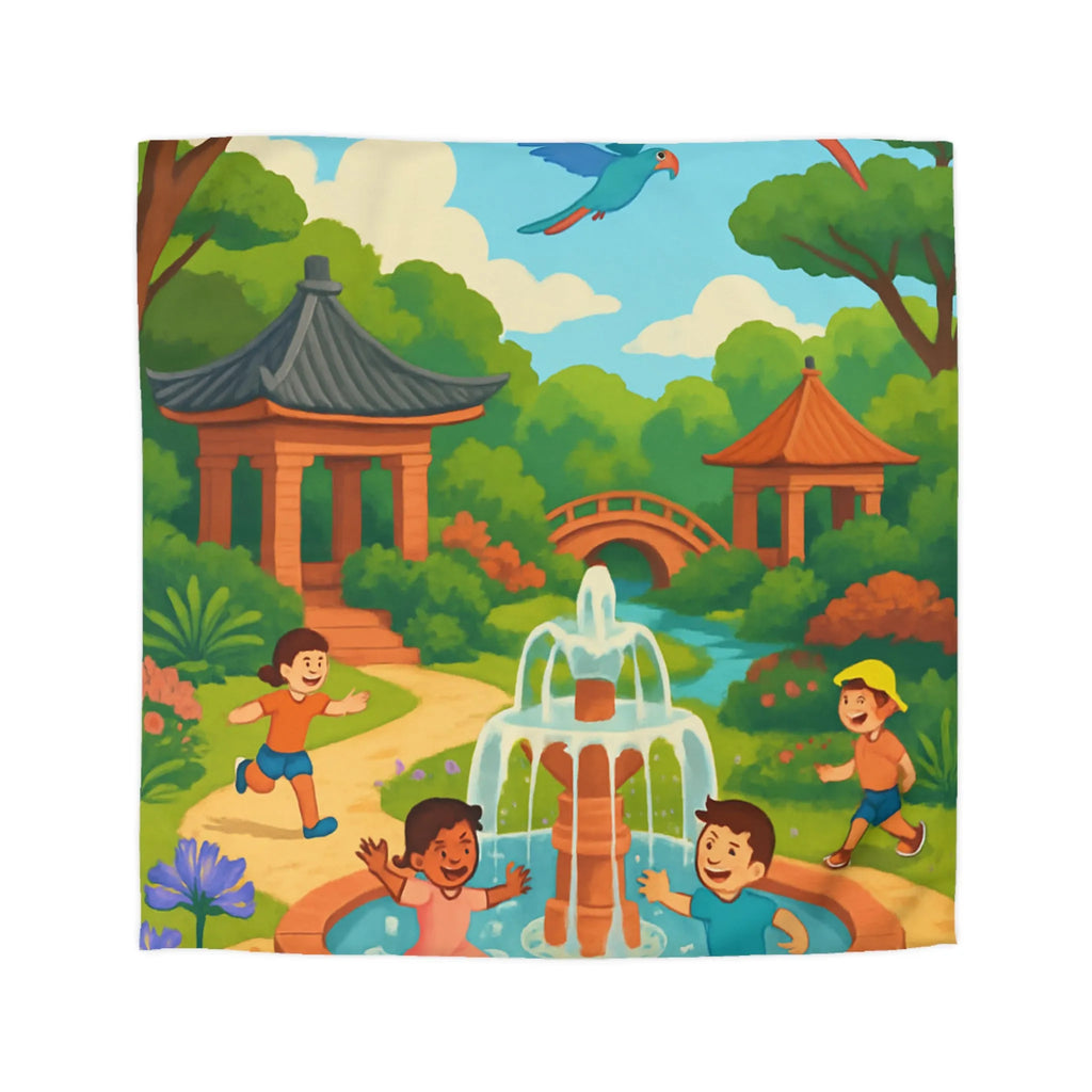 Housse de couette colorée avec enfants jouant autour d'une fontaine joyeuse au parc