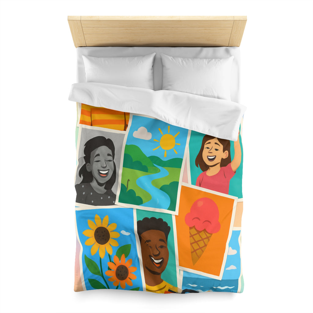 Vibrante housse de couette colorée avec portraits joyeux et paysages ensoleillés pour chambre