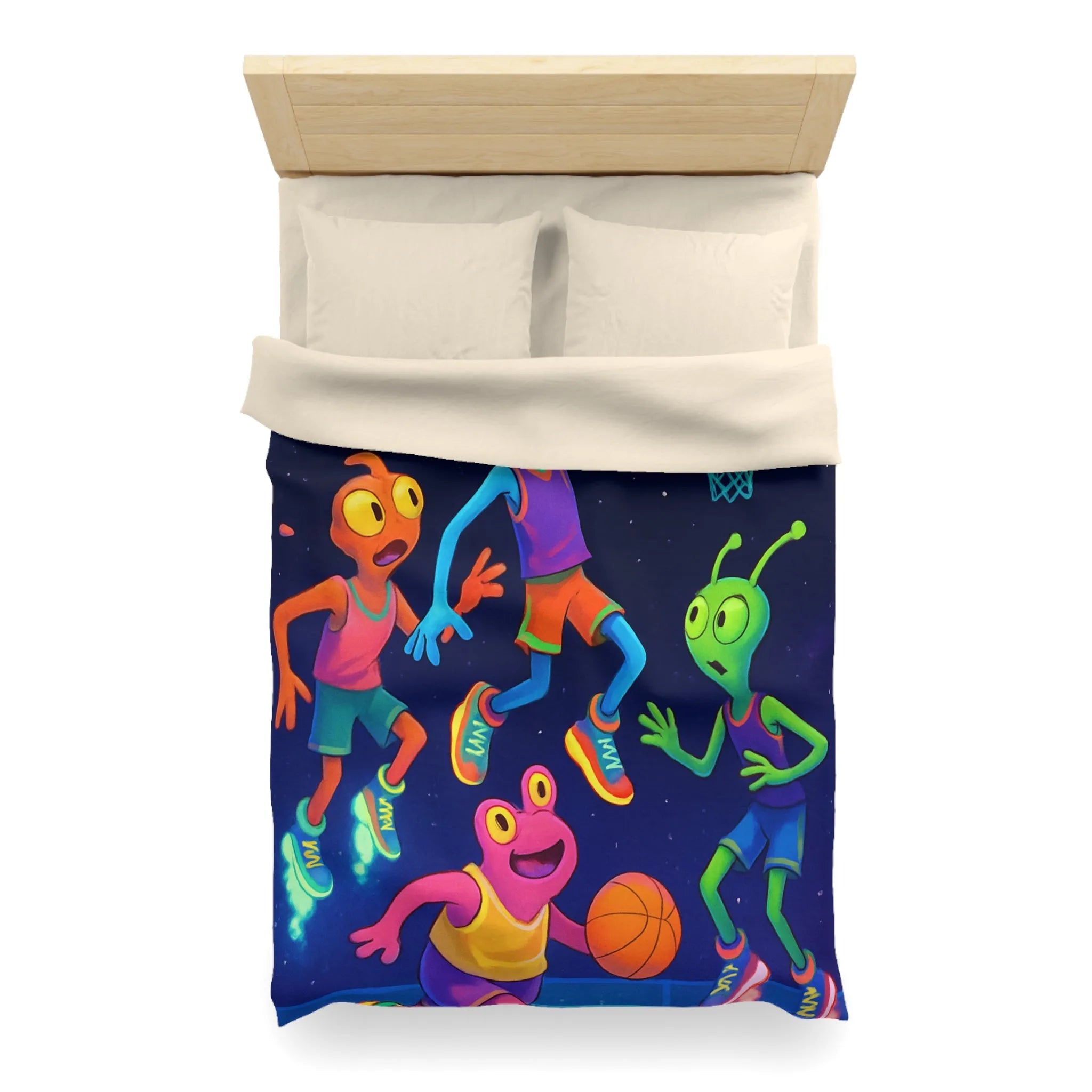 Housse de couette avec extraterrestres jouant au basket, ambiance lumineuse et amusante