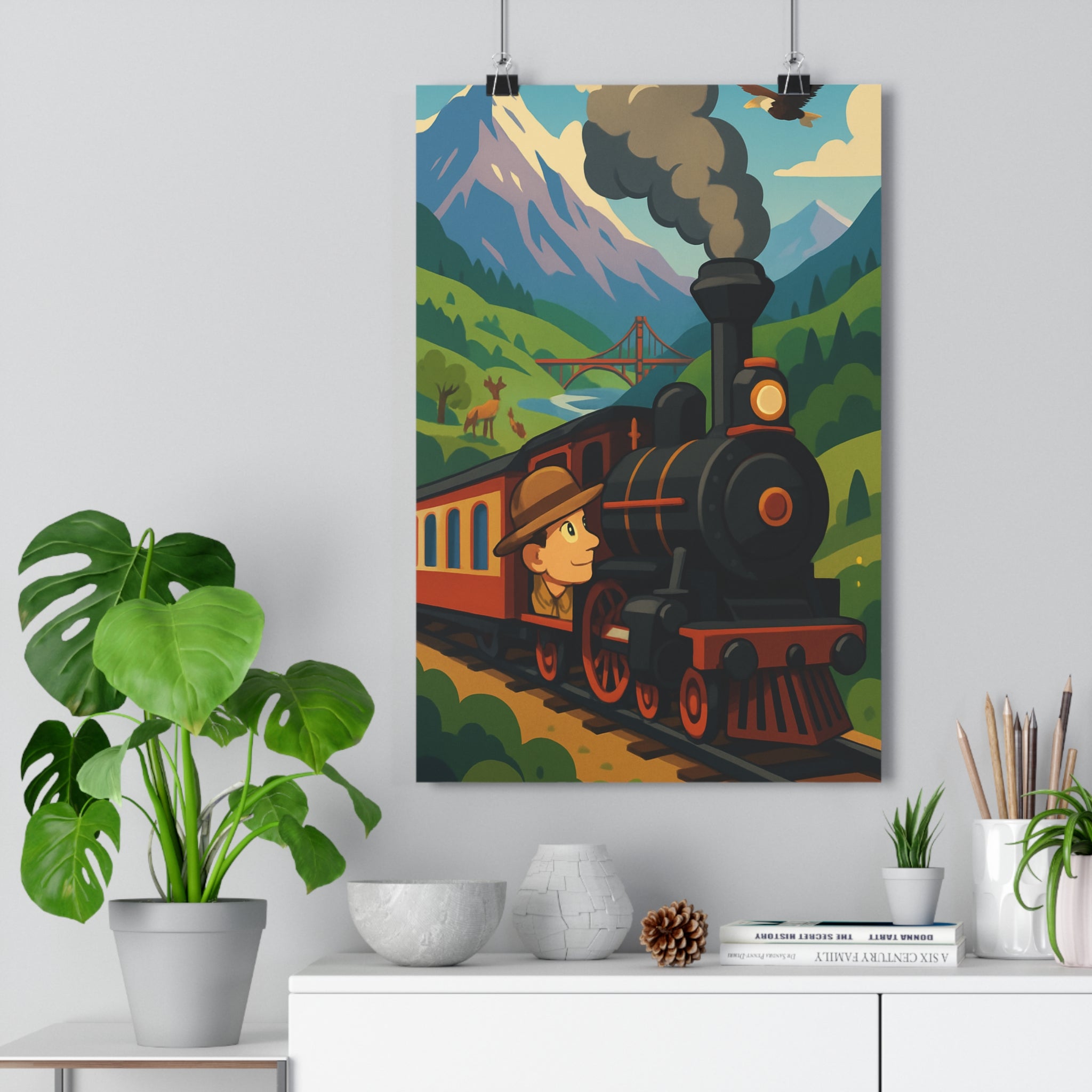 Poster décoratif rouge noir aventure montagne vapeur vintage chambre enfant joyeux vibrant dynamique coloré