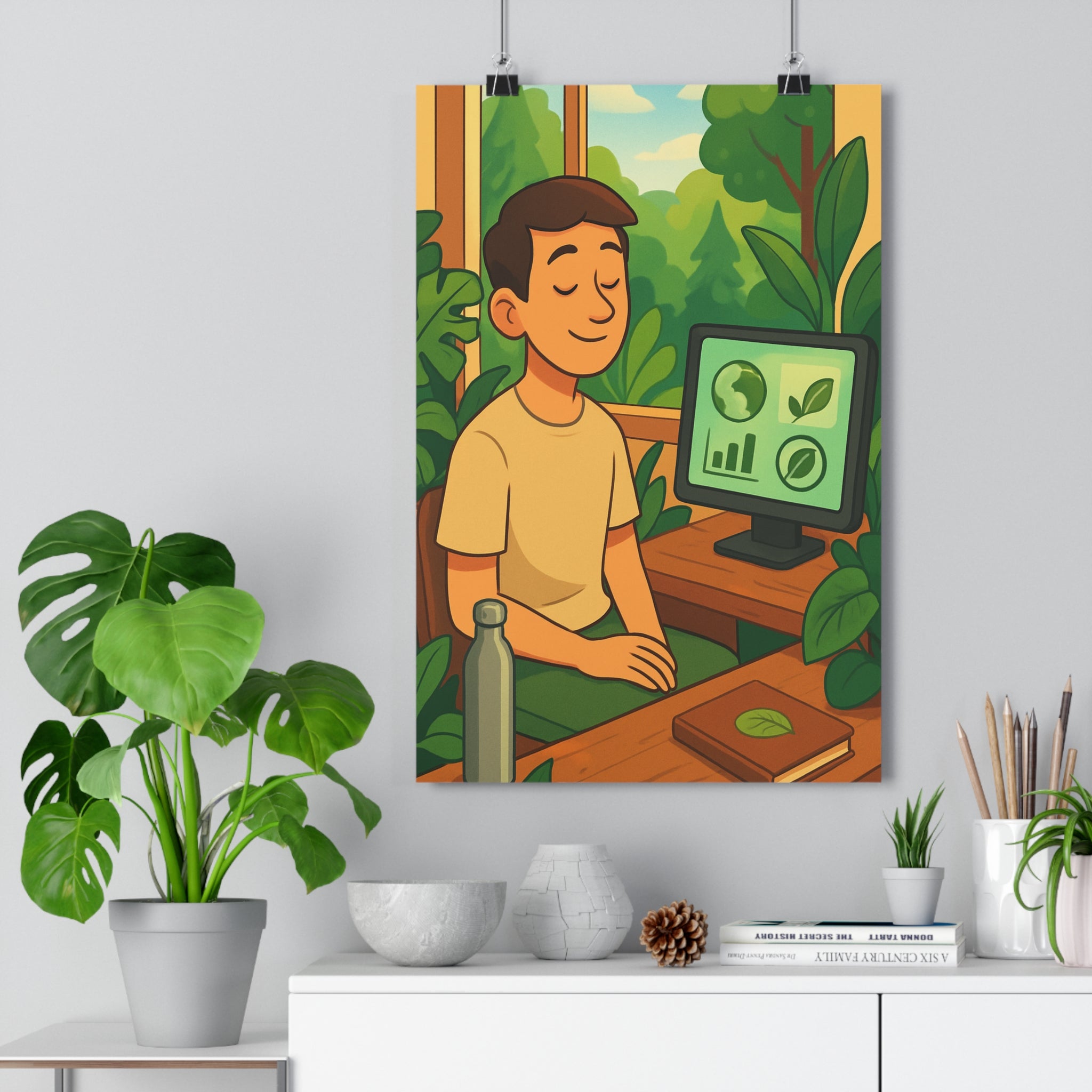 Poster décoratif cartoon vert naturel apaisant bureau travail lecture écologique plantes bois moderne qualité