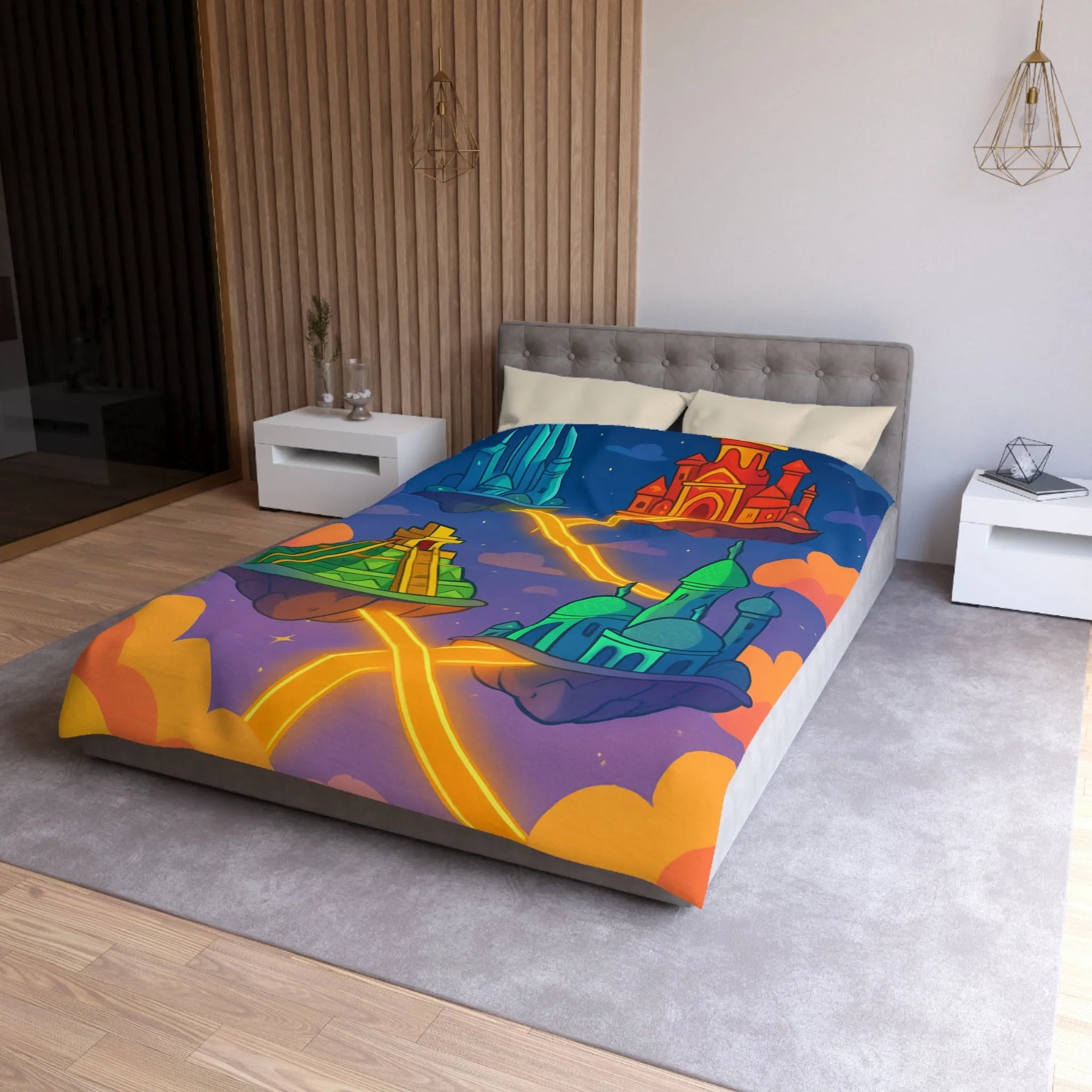 Housse de couette colorée avec design fantastique de villes flottantes lumineuses et oniriques