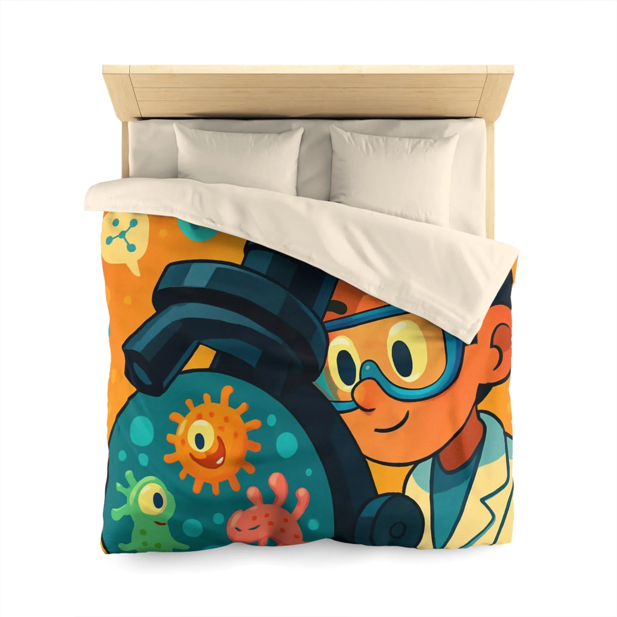 Housse de couette colorée avec jeunes scientifiques et microscope amusant pour enfants