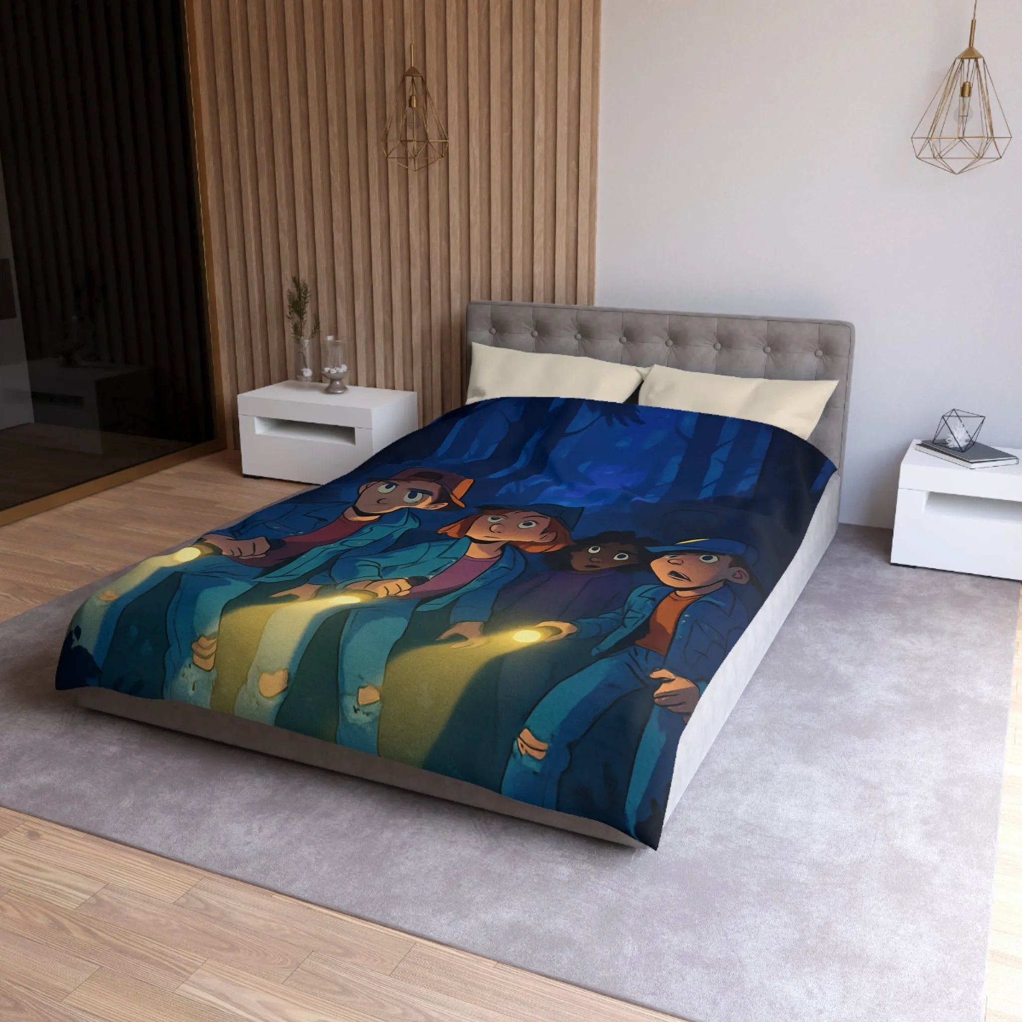 Housse de couette forêt mystérieuse enfants explorateurs avec lampes de poche illustration nocturne