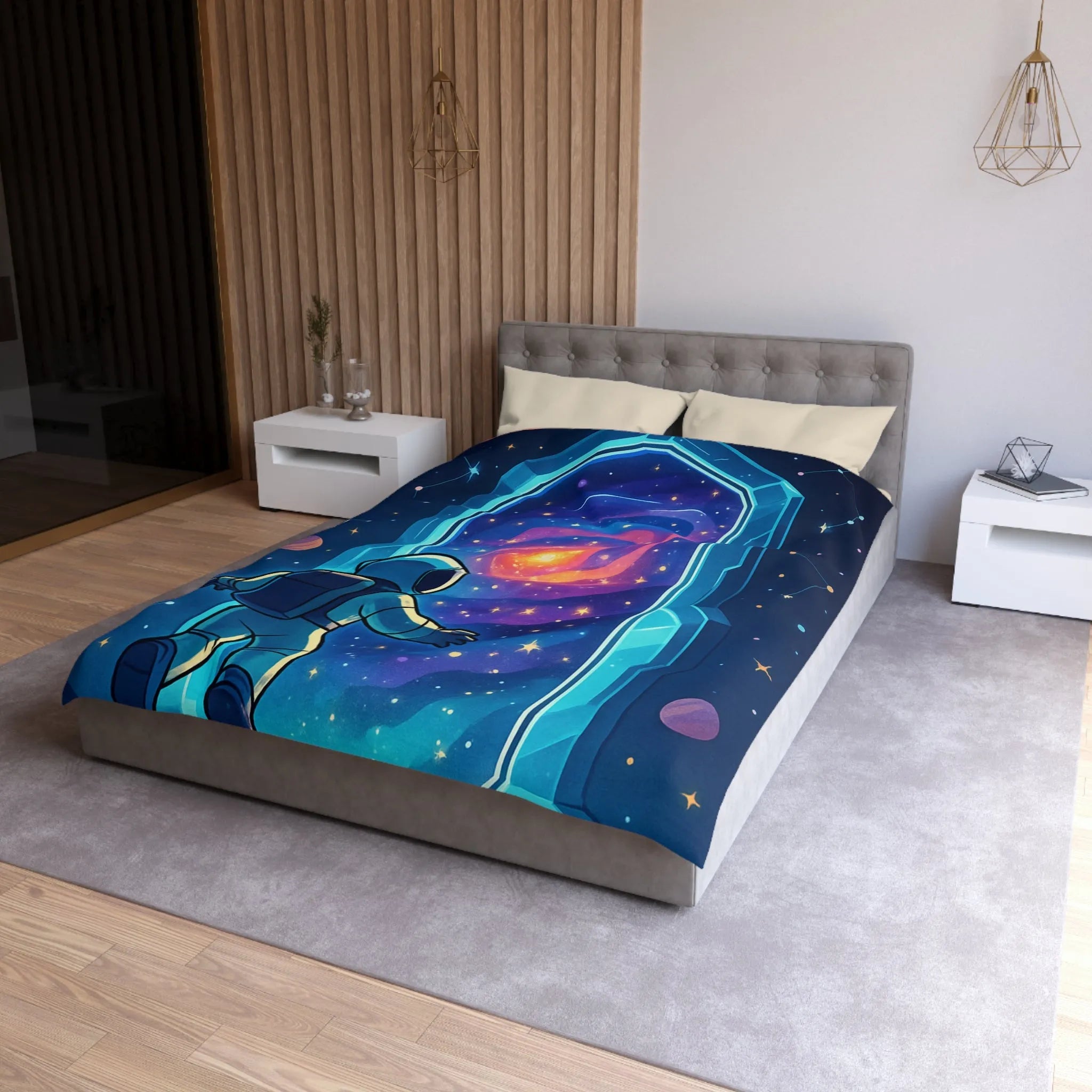 Housse de couette astronaute explorant portail galactique vibrant dans l'espace étoilé