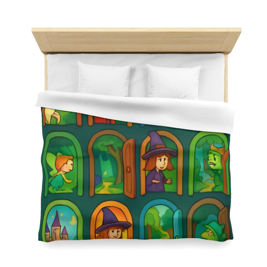 Enchantement magique avec motifs de sorcières, chevaux, et châteaux sur housse de couette