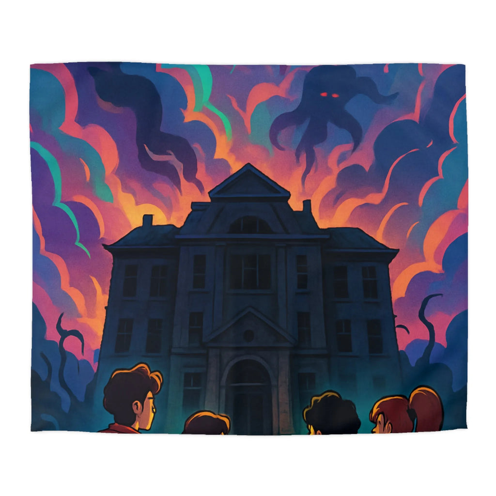 Housse de couette colorée avec maison hantée et nuages effrayants pour chambre inspirée