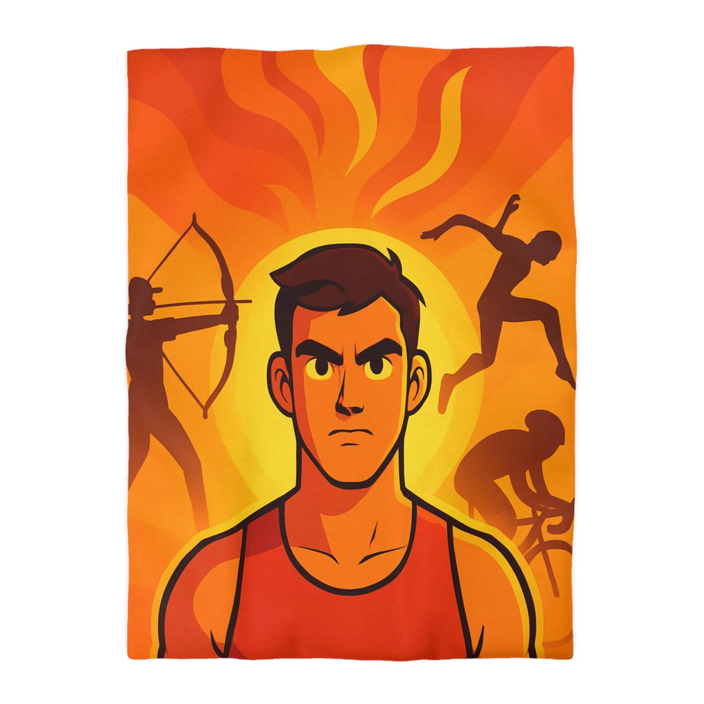 Housse de couette dynamique orange avec motifs sportifs et personnages déterminés en action